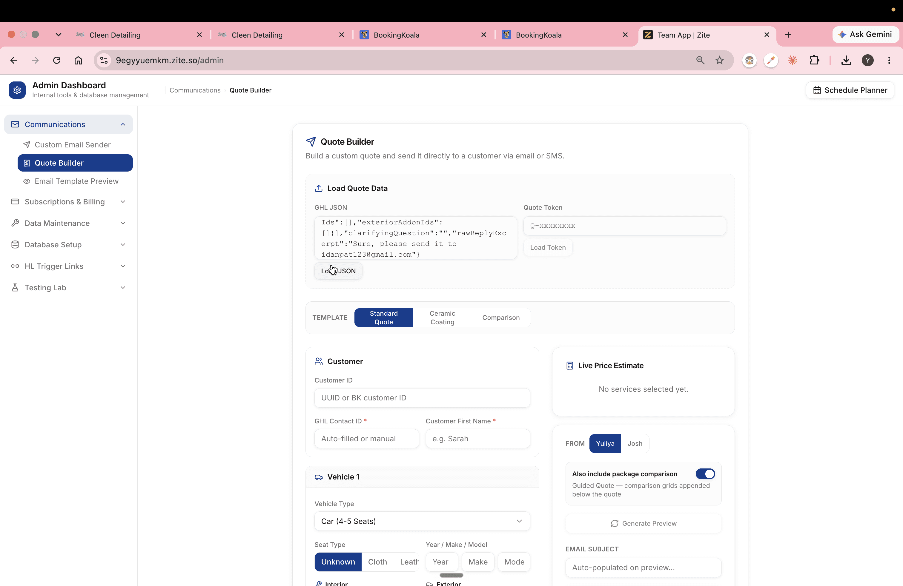 Step #8: Click Load JSON to pre-fill the form fields with the contact and vehicle data.