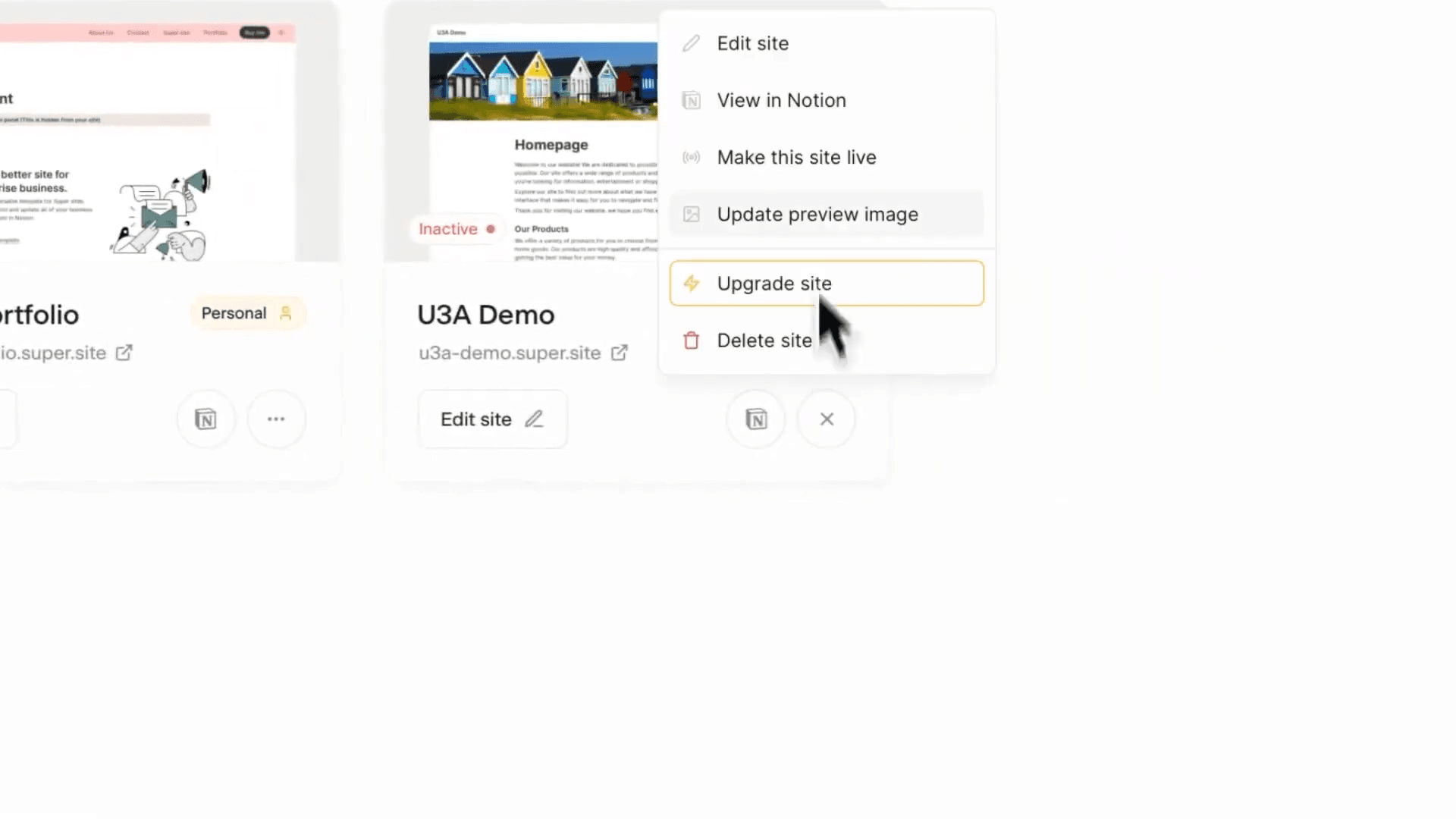 Step #7: Click the three-dot menu on the site card to open options.