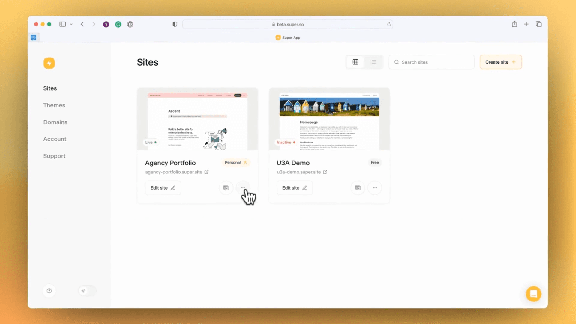Step #5: And the search bar allows you to quickly search for sites so that you can get on with managing your site and editing any of the pages or site details. From the site page, you can also edit the site. You can also view the Notion page.