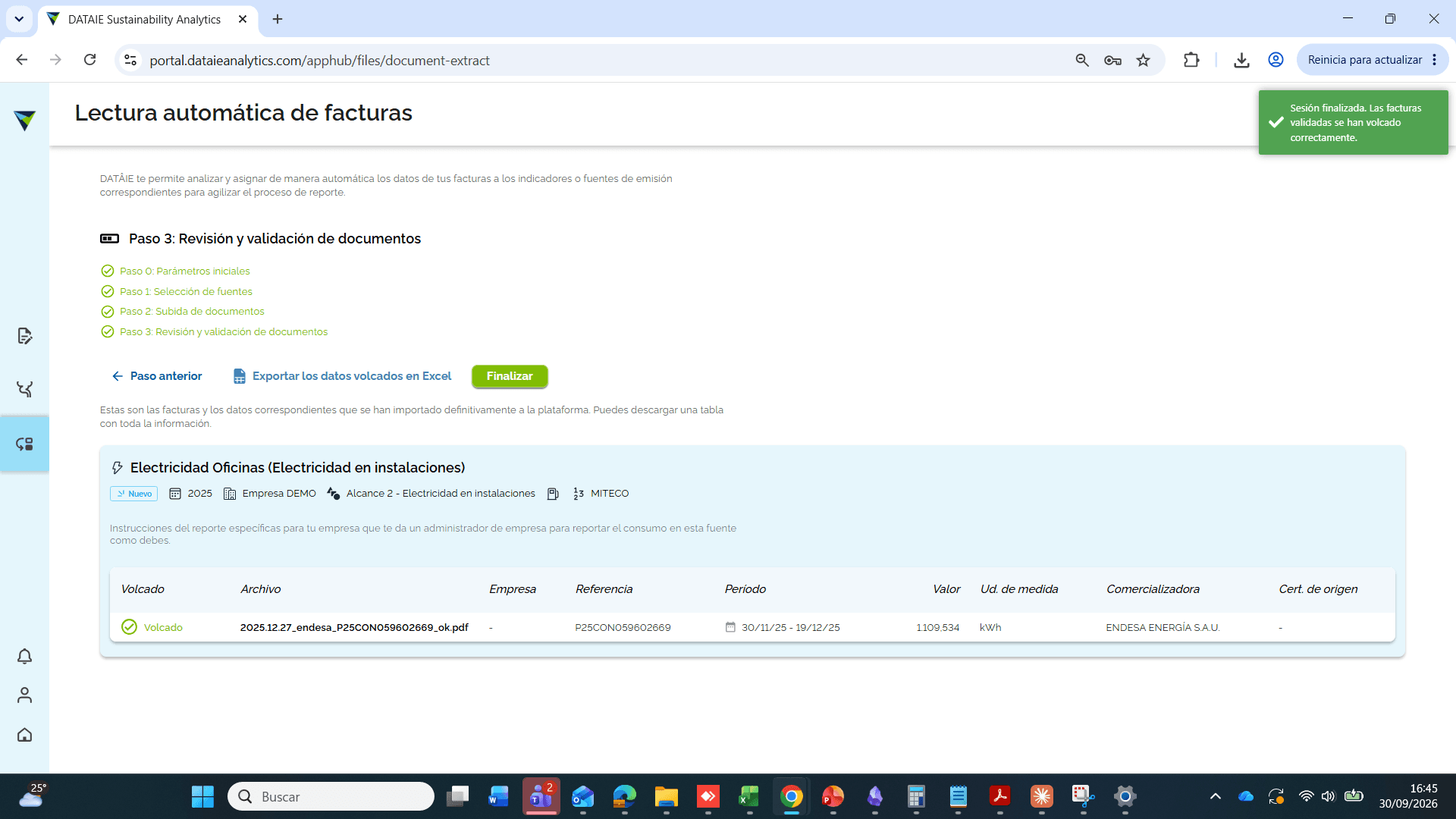 Step #2: En caso de que se desee se puede hacer click en "Exportar los datos volcados en Excel" para visualizar un resumen de los datos subidos en este formato. Por ultimo, hacer click en "Finalizar".