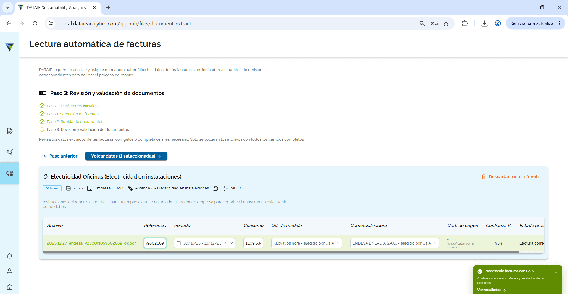 Step #1: Verificar los datos de la lectura. Entre ello la referencia, el periodo, el consumo, la unidad de medida y demás. Los datos necesarios varían dependiendo el tipo de consumo que se esta procesando.