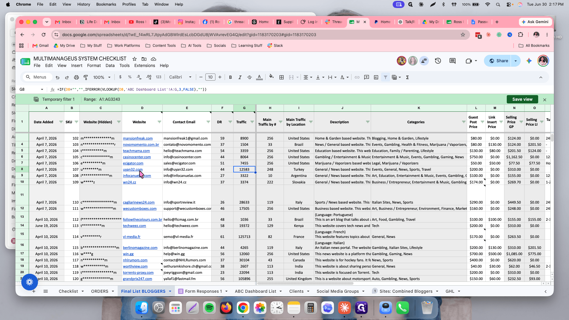 Step #1: Select a cell corresponding to a website with stable traffic above 10,000.