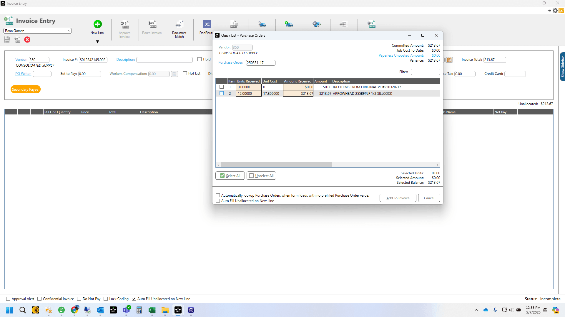Step #18: Now you can complete the invoice with the updated PO information.