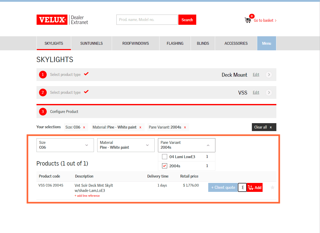 Step #4: Configure your selection by choosing the Size, Material (interior finish), and Pane Variant (glass type) from the dropdowns.
