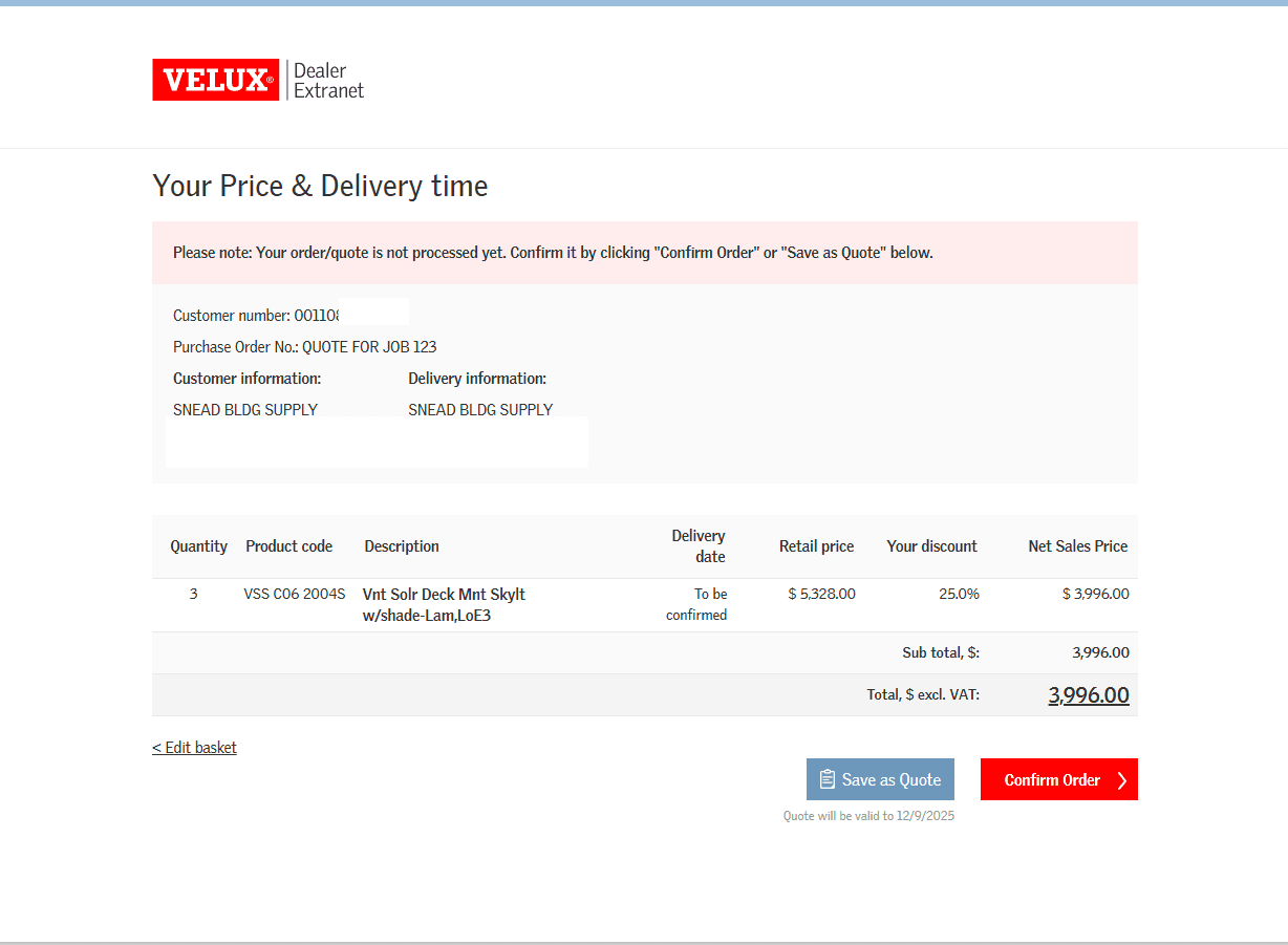 Step #9: Lastly, select Save as Quote. One processed your quote number will display as a clickable link.