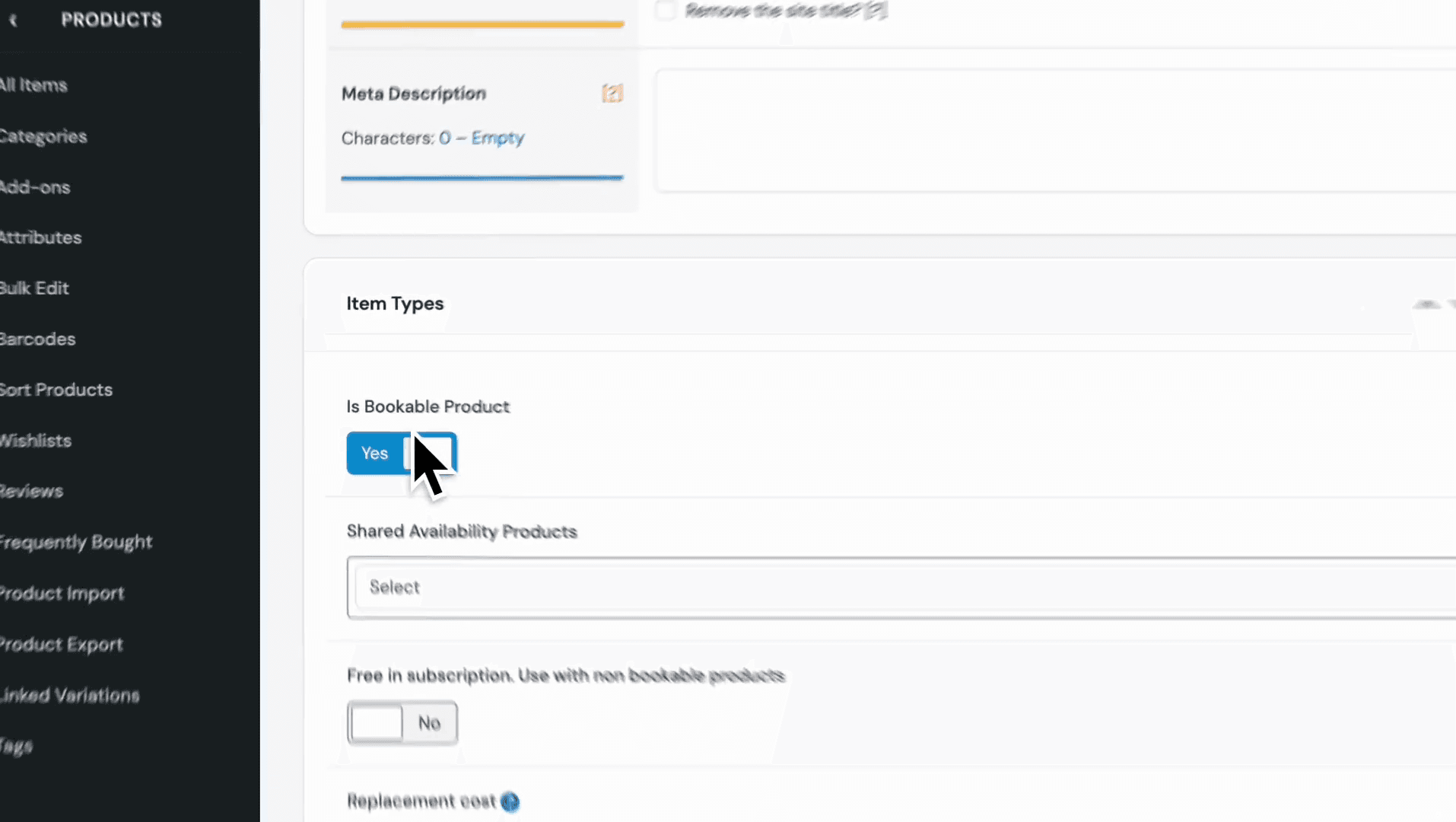 Step #7: Toggle the 'Is Bookable Product' switch to No.