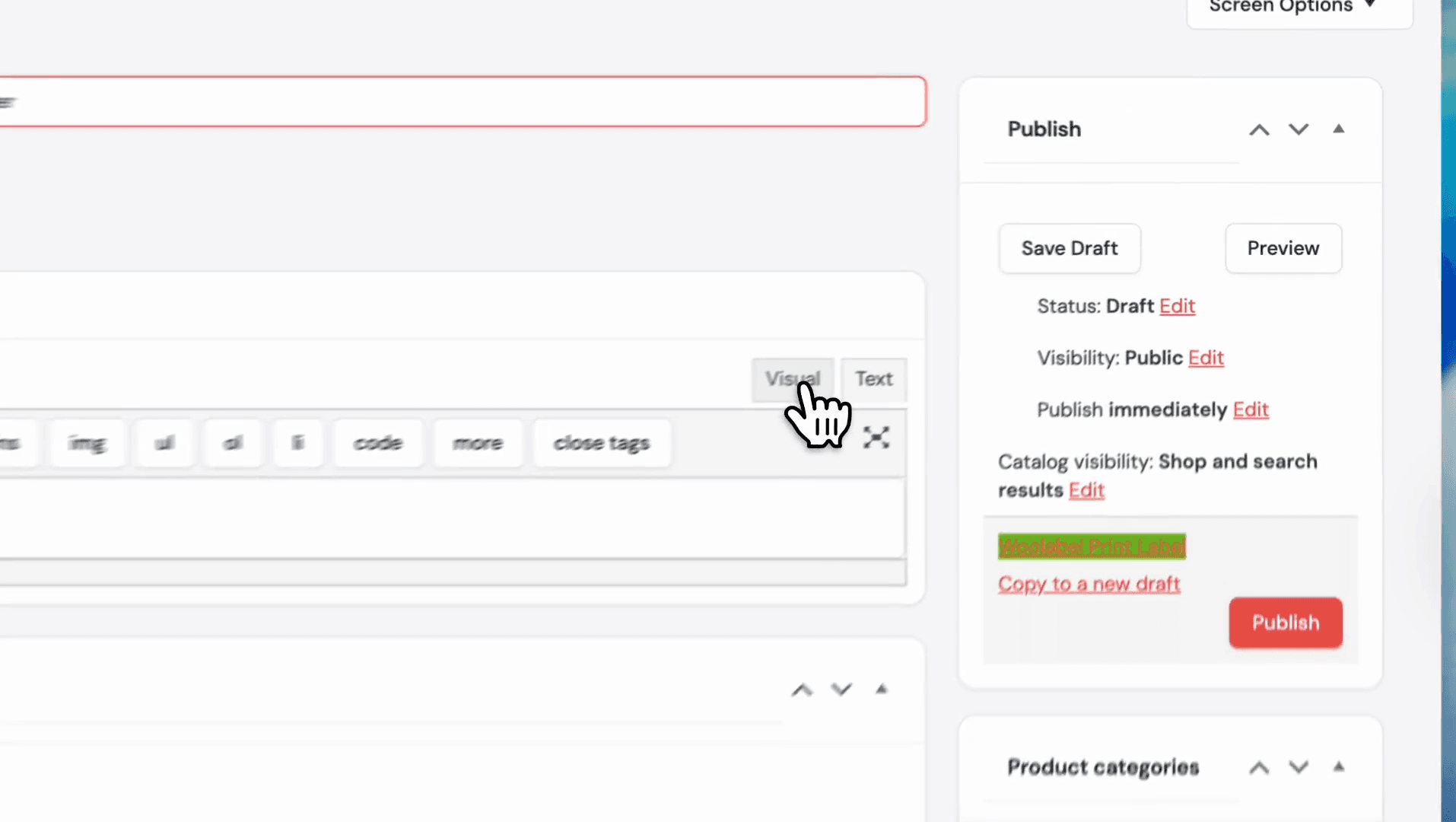 Step #5: Click the Visual tab in the product description editor.