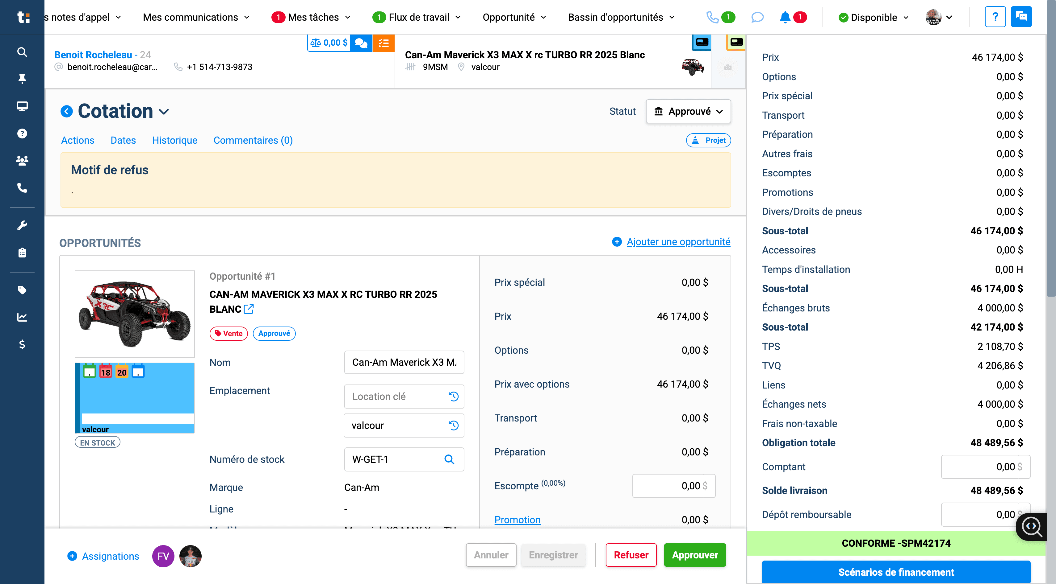 Step #16: Une fois les scénarios de financement configurés, ils seront disponibles lors de la création d'un devis client. Ils apparaîtront déjà dans le scénario de financement de la cotation du client. Donc ici, nous sommes dans l'onglet Cotation du client. On descend dans le scénario de financement. Vous pouvez retrouver ce que vous avez déjà préenregistré, selon la configuration préalable du véhicule.