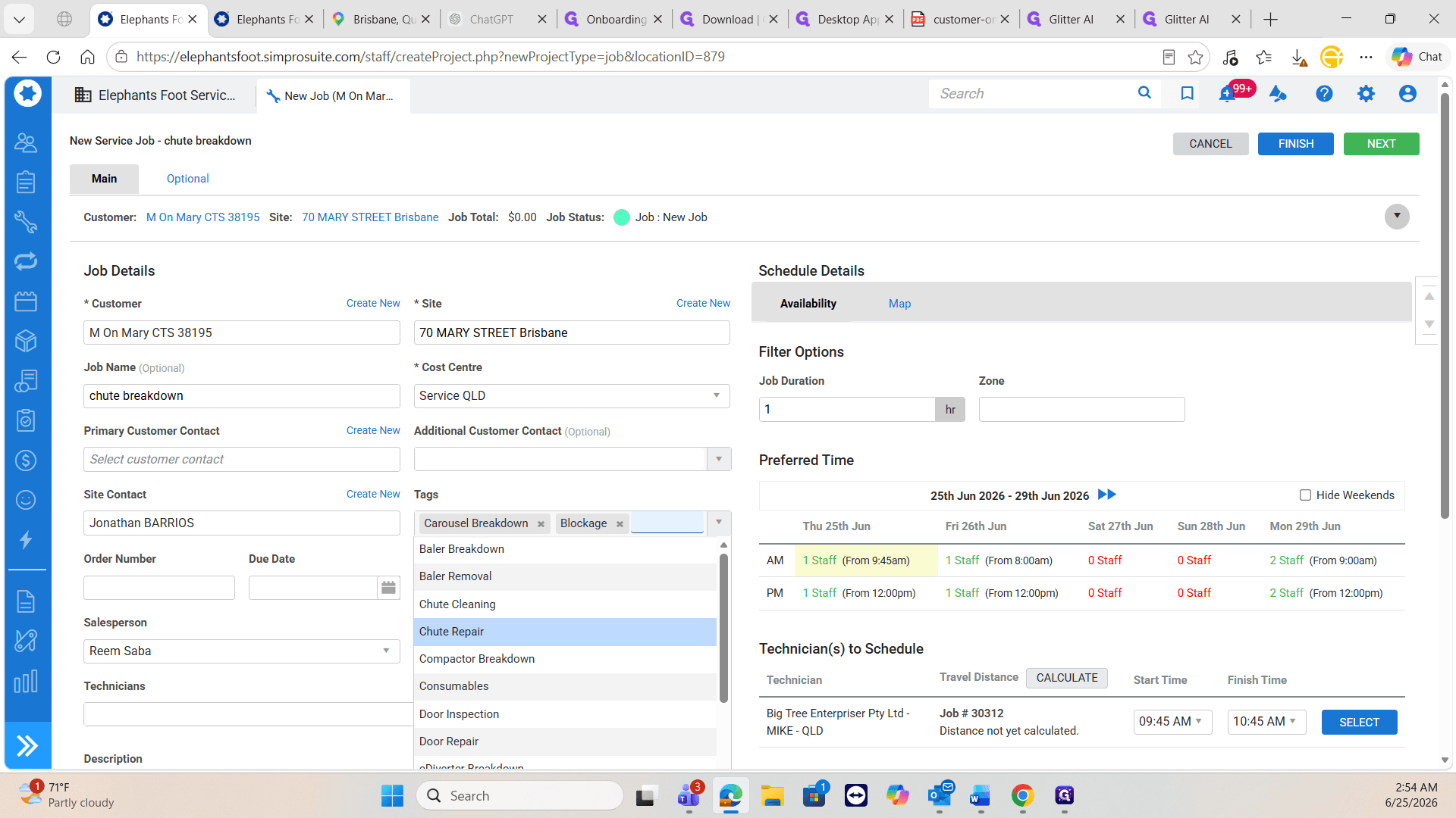 Step #12: Select relevant categorization tags from the dropdown, such as Chute Repair and Blockage.