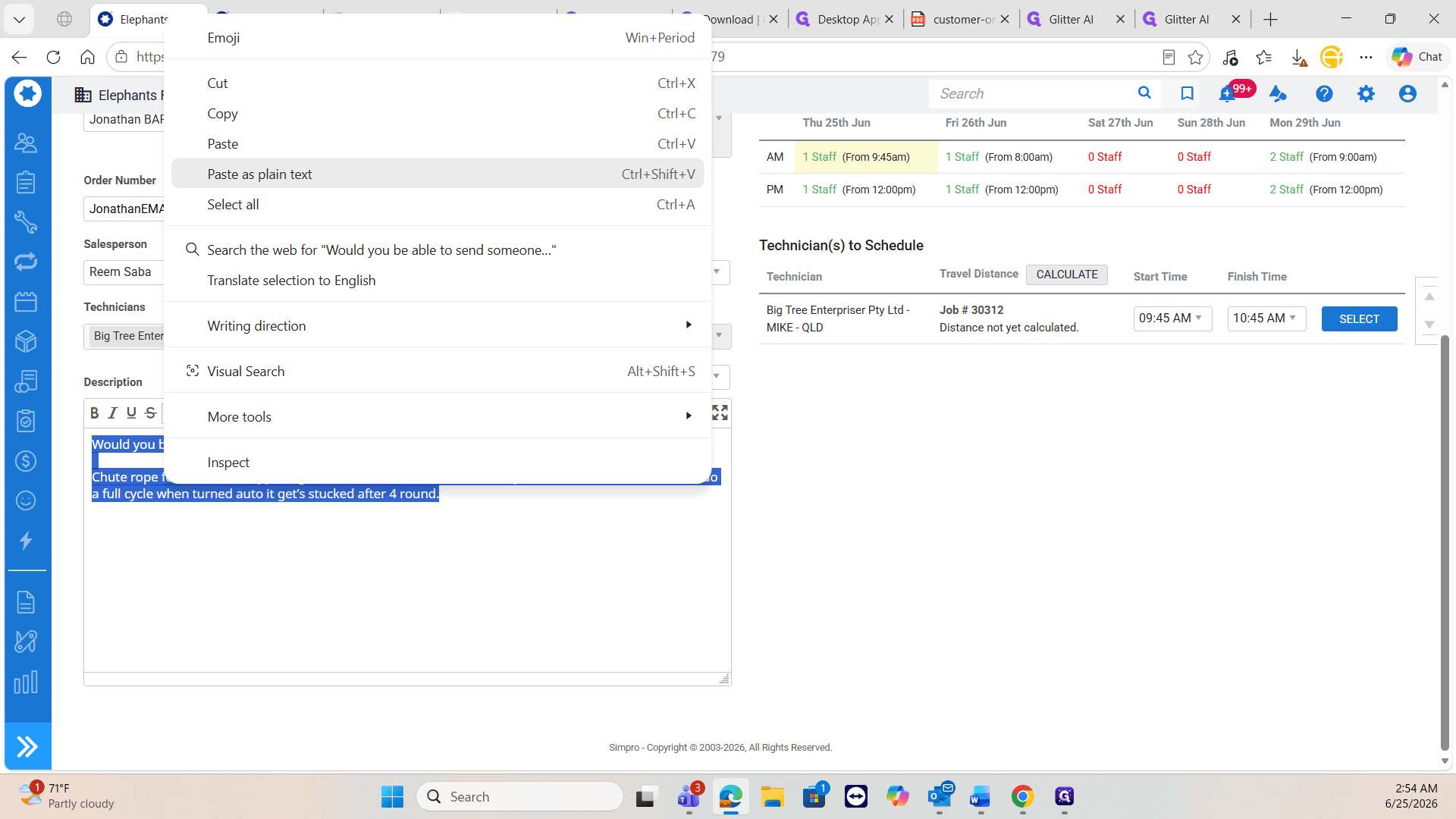 Step #14: Paste the exact issue description provided by the client as plain text into the job notes field.