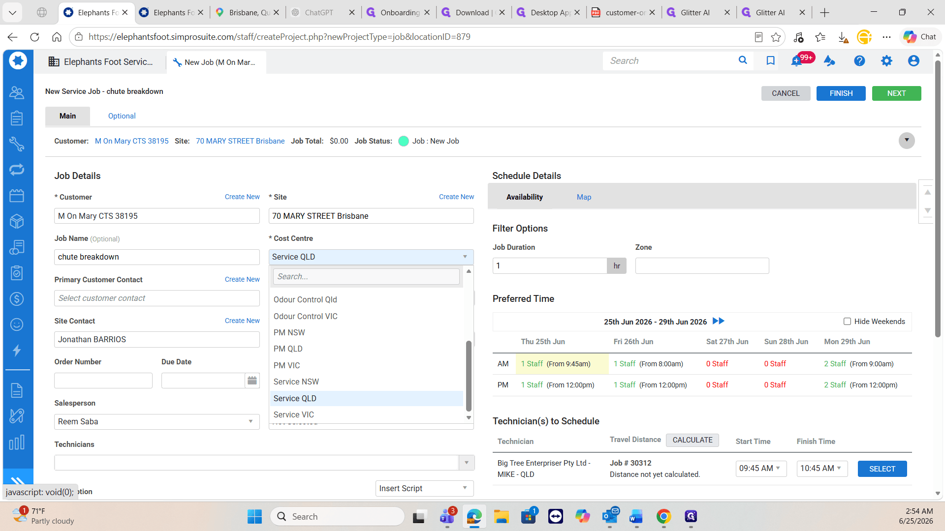 Step #11: Select the Service cost centre, as this is an urgent reactive job.