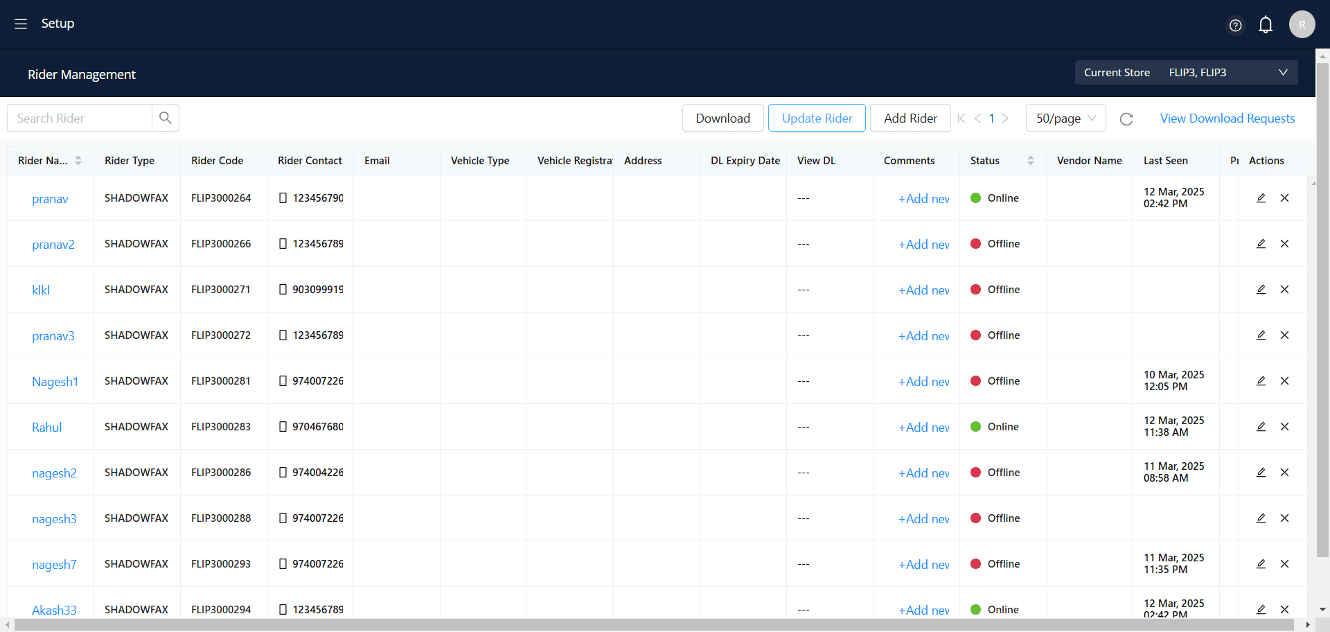 Step #2: This screen shows a Rider Management System interface where administrators can manage delivery riders. It provides options to download rider data, update rider information, and add new riders. The data table displays key rider details such as vehicle registration, address, driving license expiry date, comments, status, and vendor name.