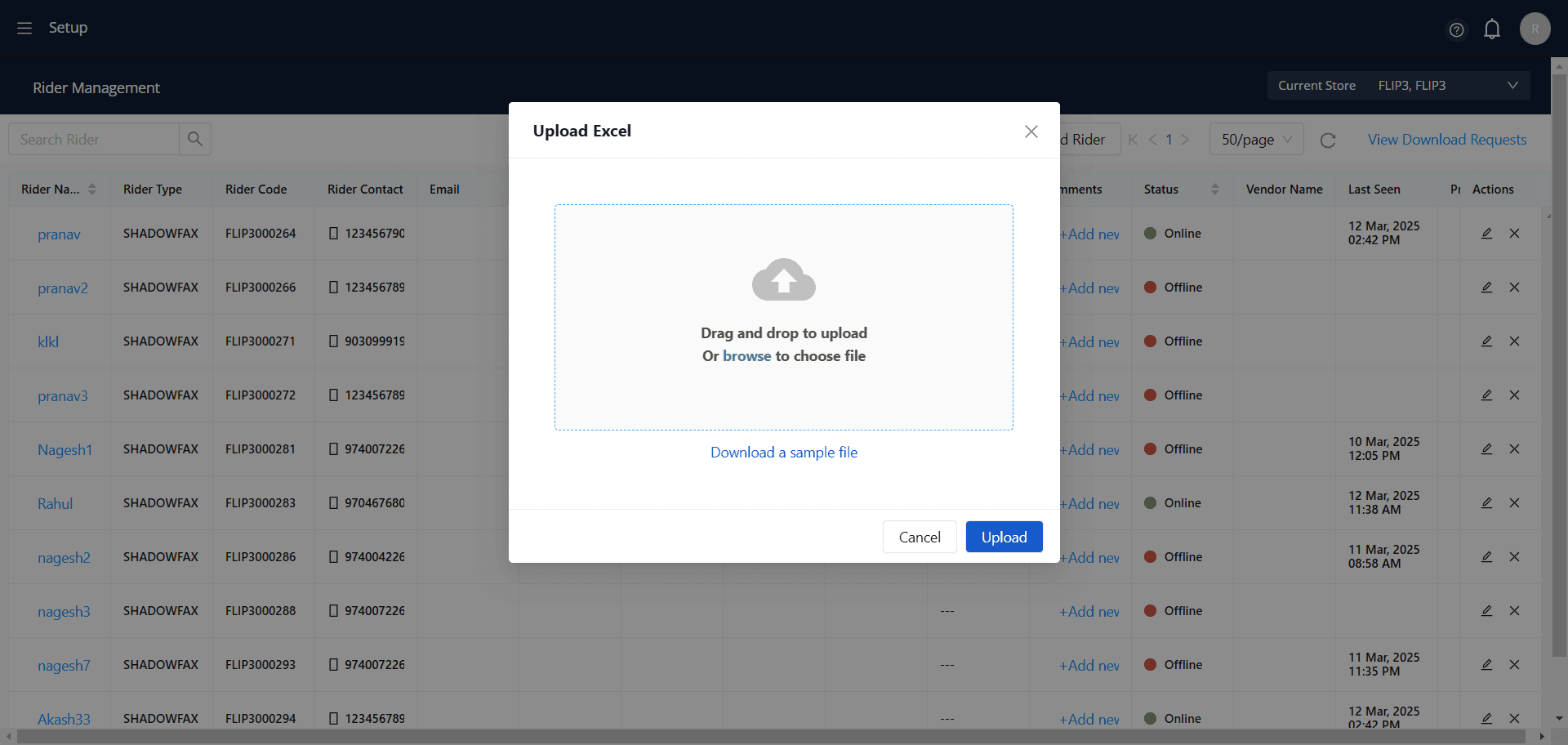 Step #6: file upload interface in an application built .The interface is prompting the user to upload an Excel file, likely to update rider details or some related data.