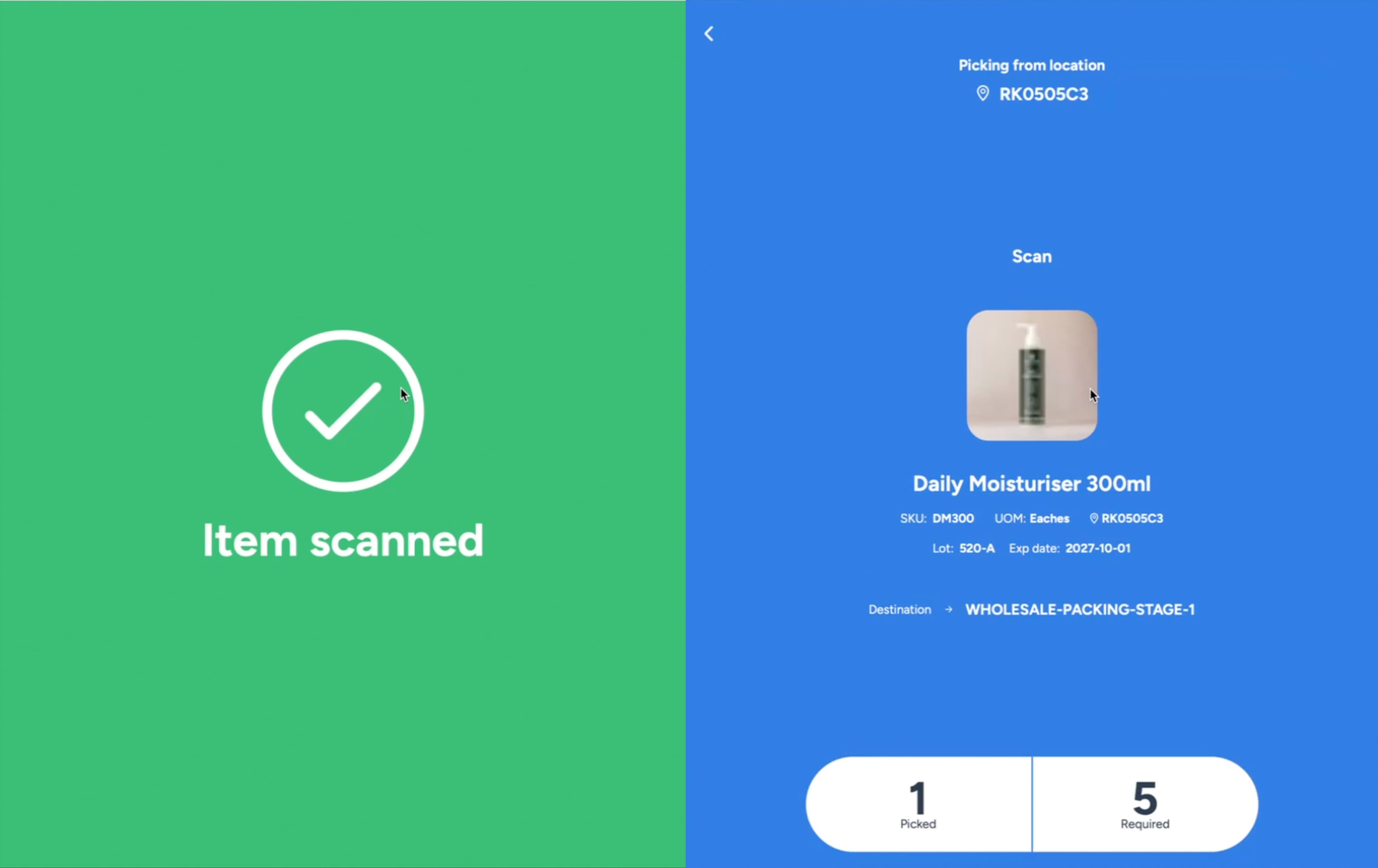 Step #8: La imagen de la izquierda muestra la pantalla verde cuando se ha escaneado el código de barras correcto. La pantalla luego pasará a la pantalla de escaneo de producto (pantalla azul) mostrándote el producto y cuántas unidades se han escaneado del total requerido.