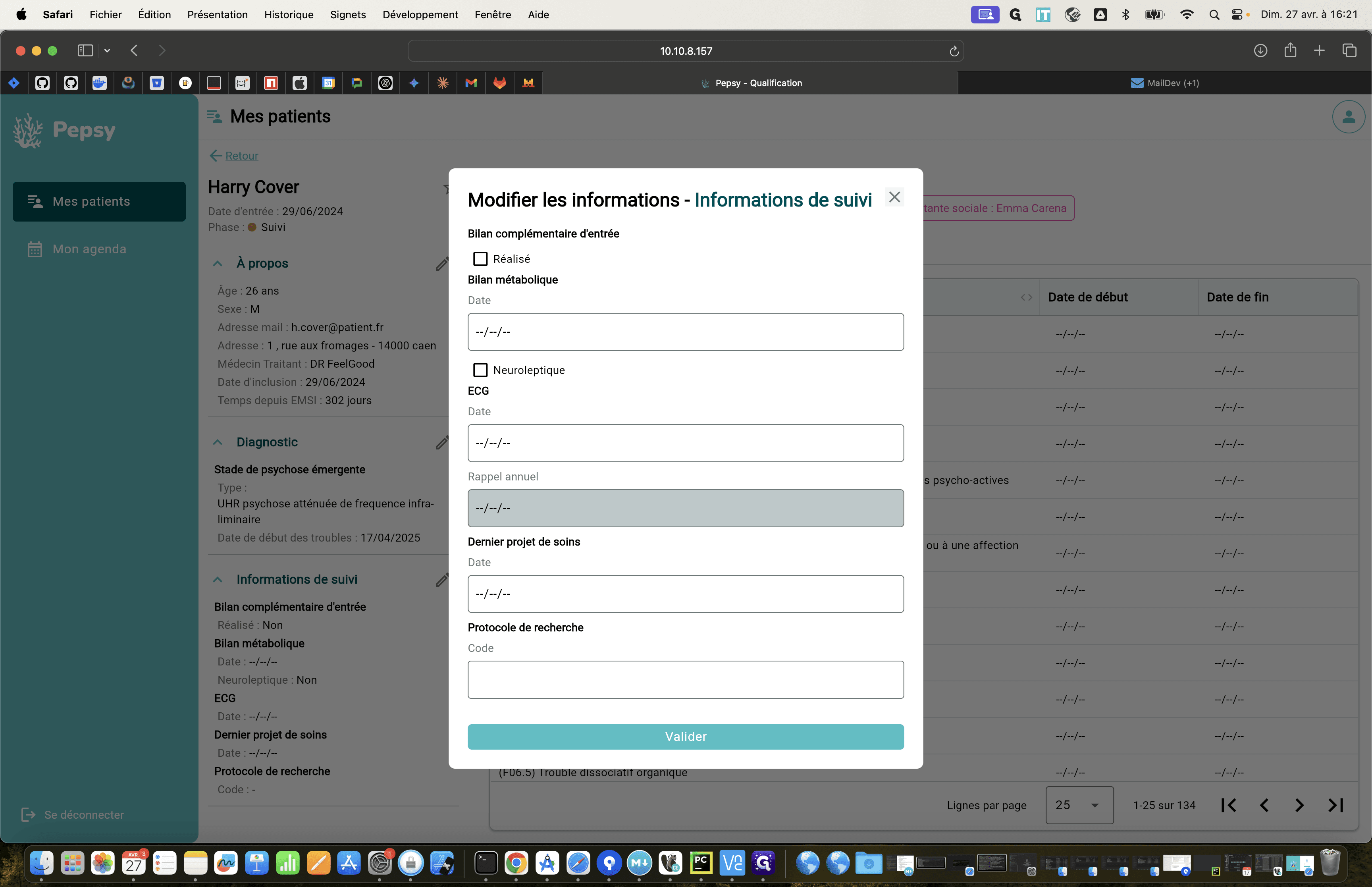 Step #107: La popup d'information de suivi s'affiche. Vous pouvez modifier directement les élements que vous souhaitez.Cliquez sur "Valider" pour sauvegarder vos modifications.Cliquez sur "x" pour fermer sans modifier.