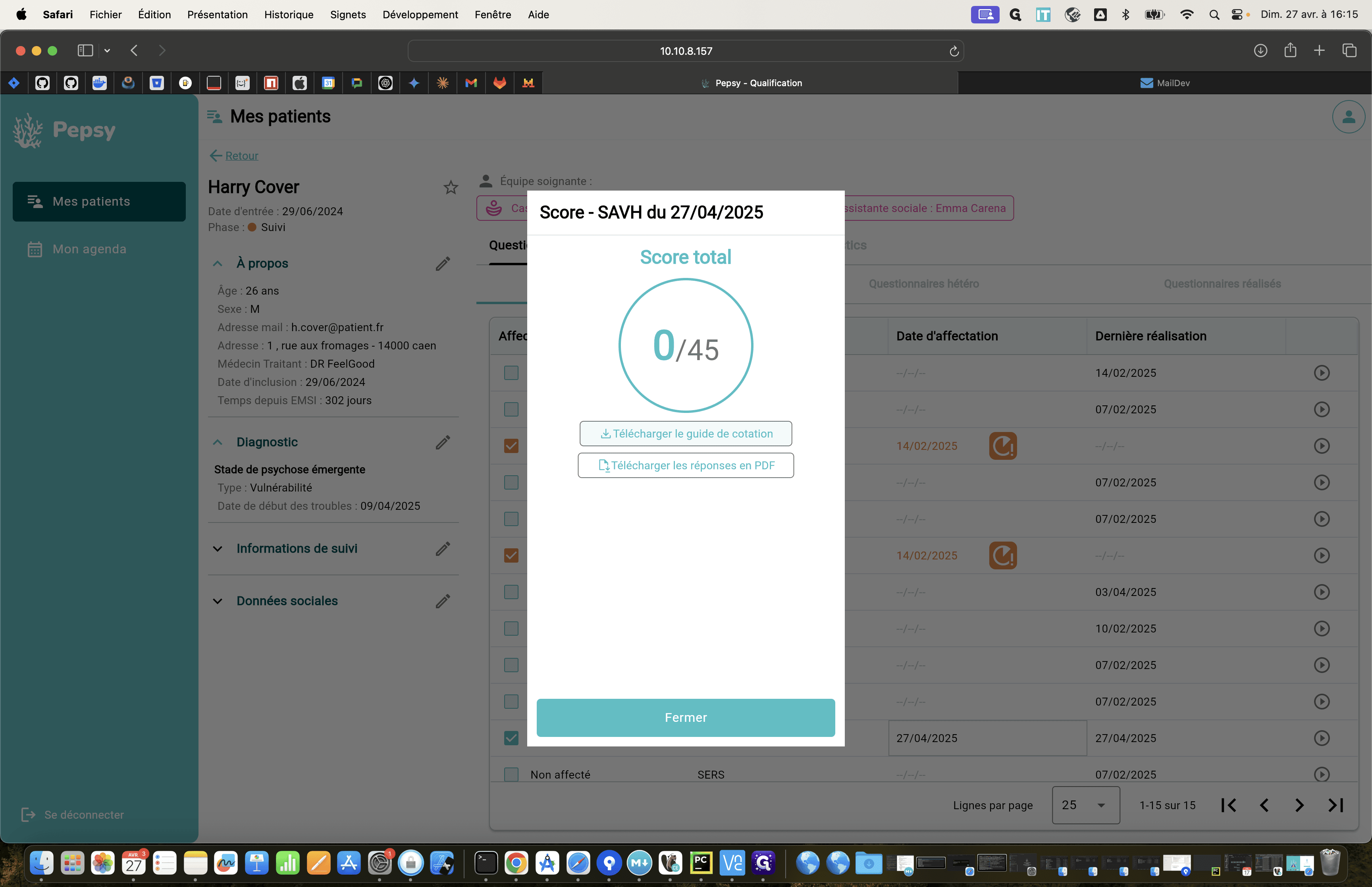 Step #32: La page de résultat s'affiche avec le score obtenu pour le questionnaire.Cliquez sur "Télécharger le guide de cotation" pour récupérer des informations sur le questionnaire.