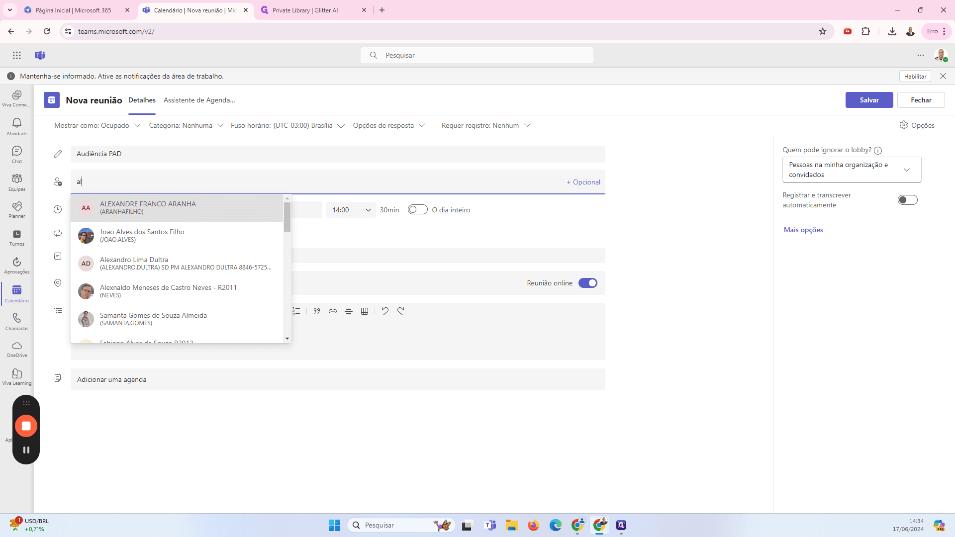 Step #8: Se for convidar outros servidores que possuam e-mail institucional, pode usar o nome completo para buscar