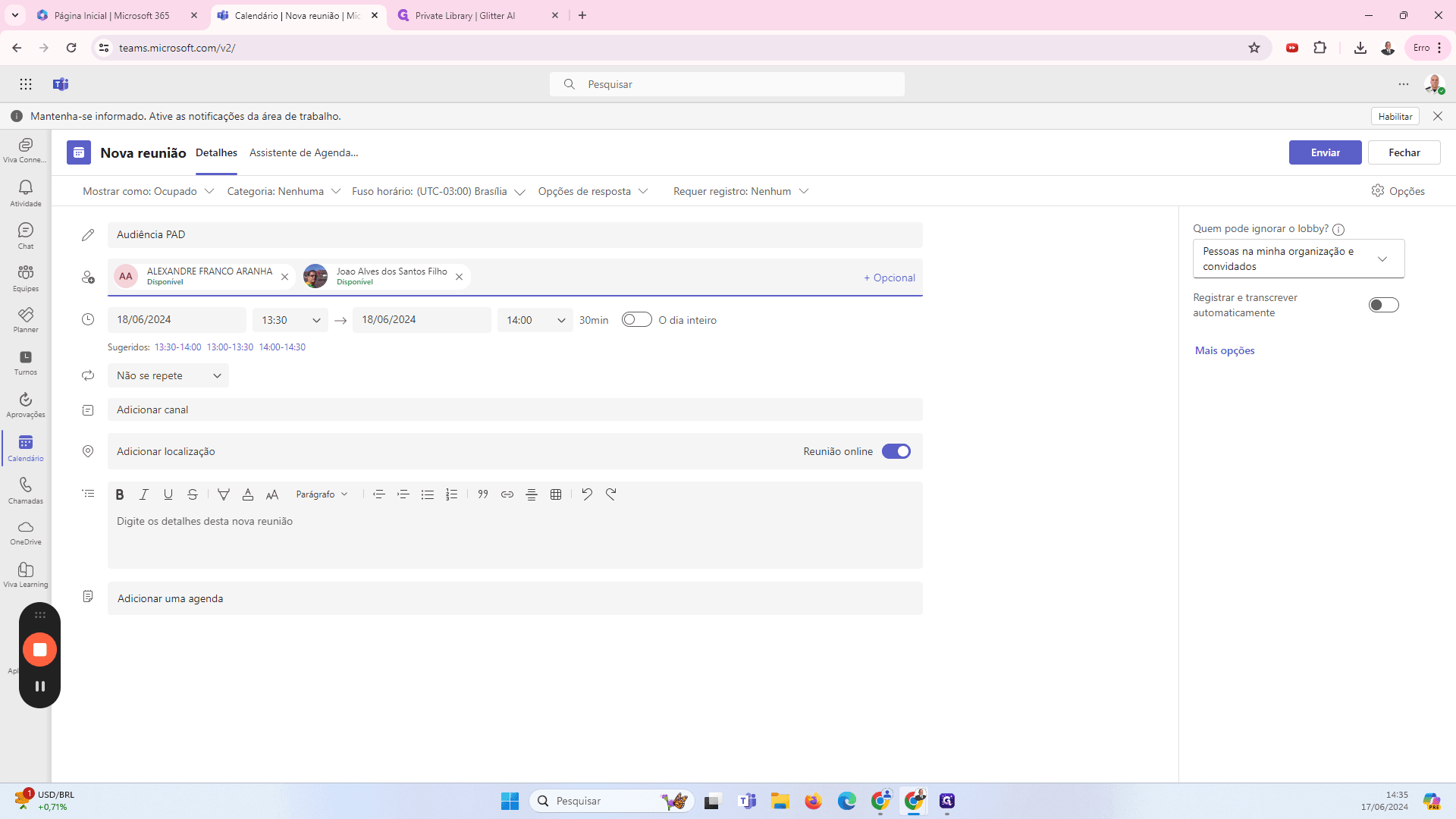 Step #9: Configure a data, hora e duração da reunião