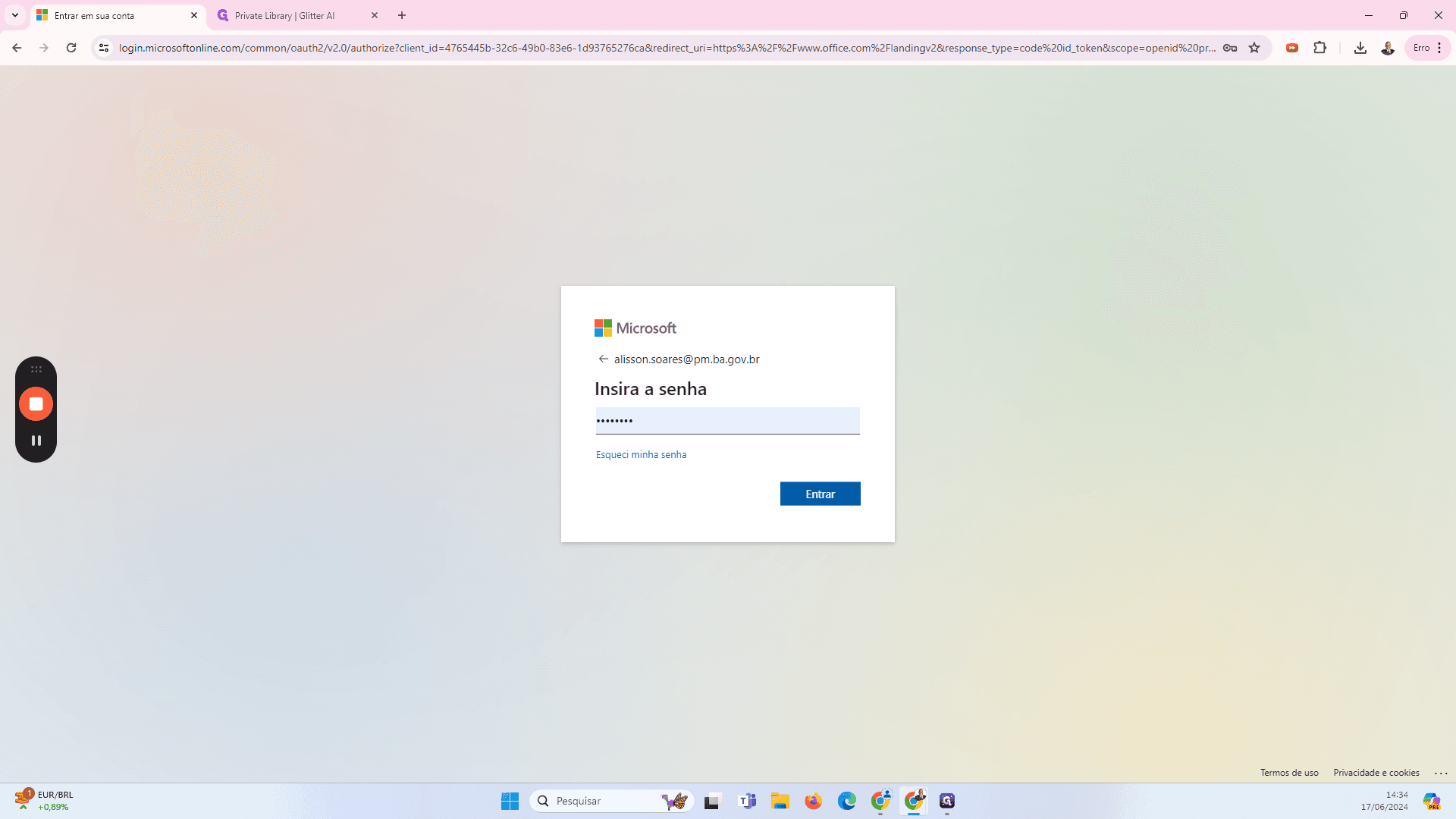 Step #2: Digite seu e-mail @pm.ba.gov.br e sua senha e clique em Entrar