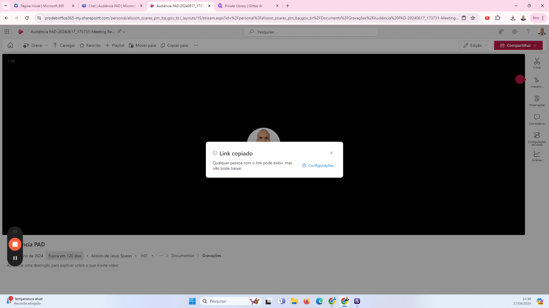 Step #32: O link copiado dá opção de Configurações