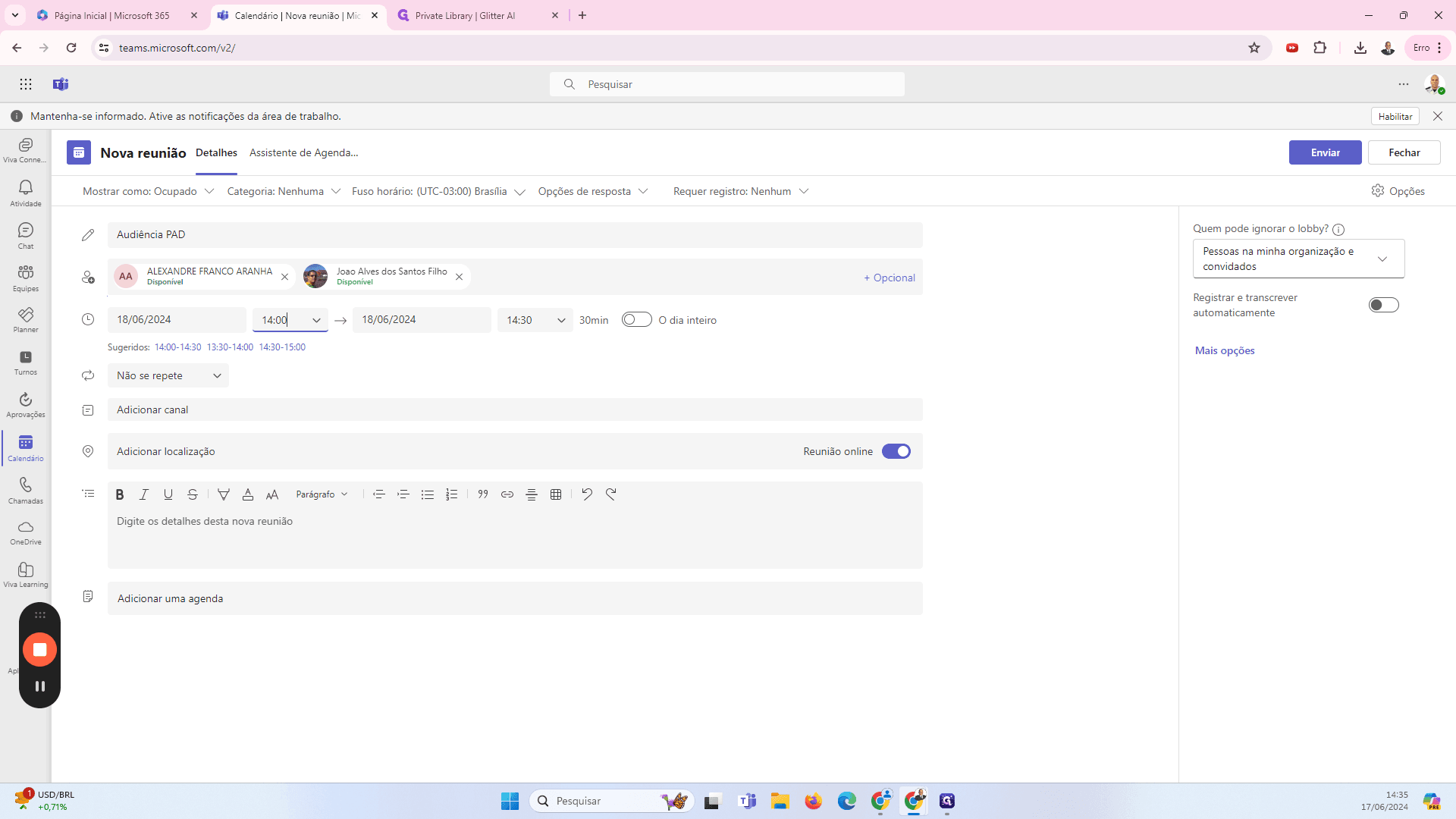 Step #12: Adicione nesse campo os detalhes da reunião, que farão parte do e-mail convite