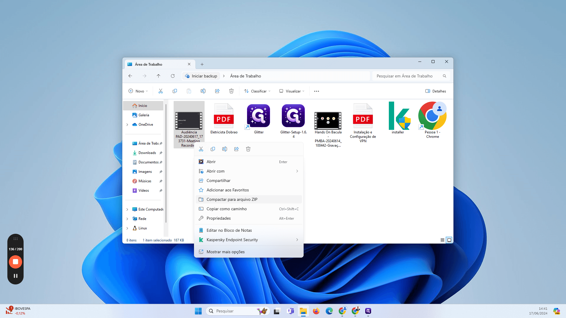 Step #51: Após o download do vídeo, com o botão direito, Compactar para arquivo ZIP para comprimir o volume e permitir que seja adicionado no SEI. Renomeio para: PAD Nº PORTARIA XXX - NOME DO DEPOENTE
