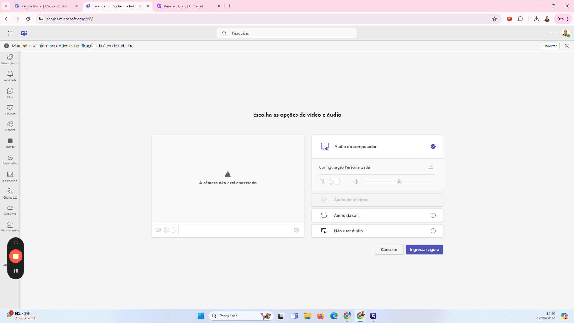 Step #21: Verifique áudio, vídeo, microfone e depois clique em Ingressar agora
