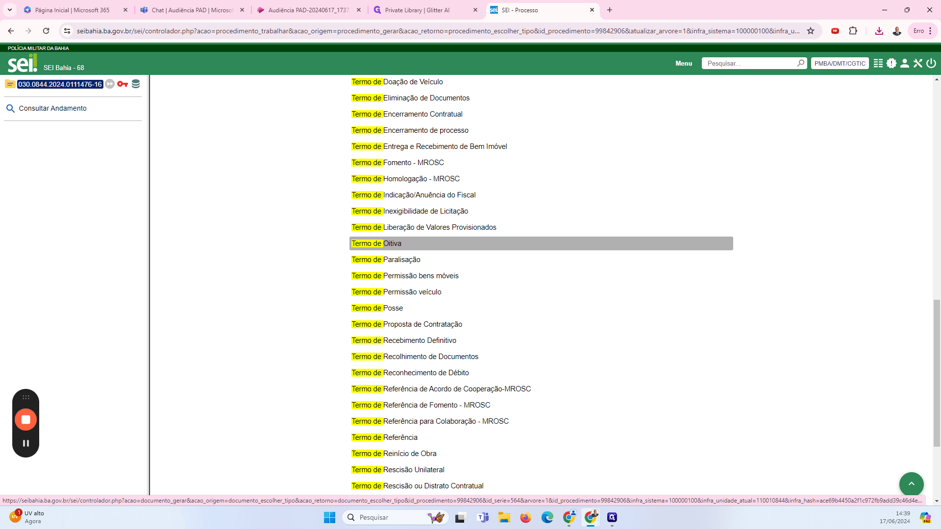 Step #42: Selecionado o Termo de Oitiva como tipo de arquivo