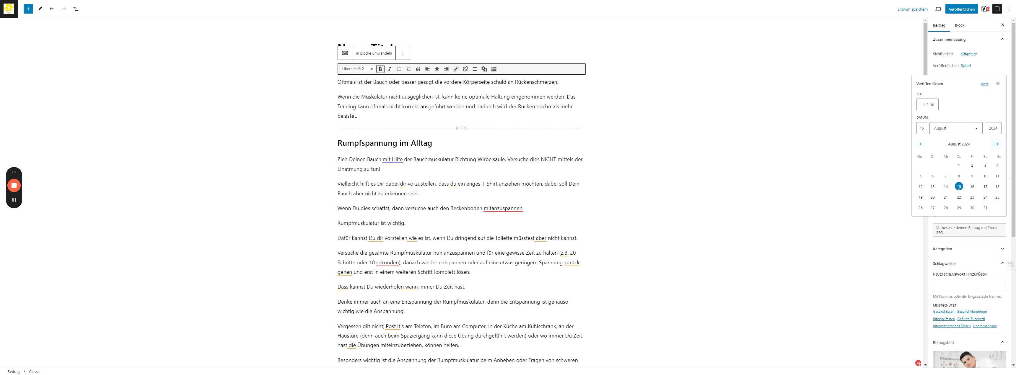 Step #18: Wenn Beitrag geplant werden soll: Datum und Uhrzeit einstellen.
