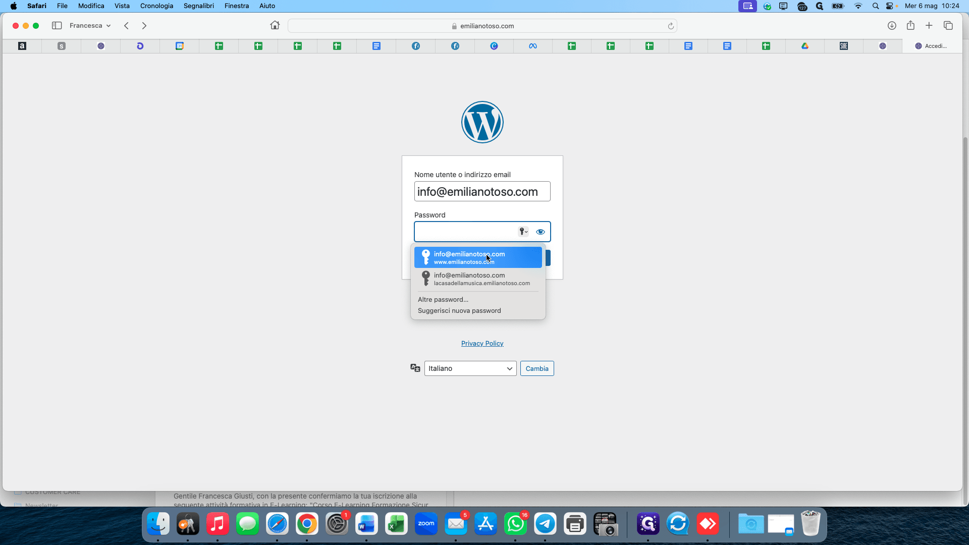 Step #1: Select your stored credentials (e.g., info@emilianotoso.com) to autofill the login form.