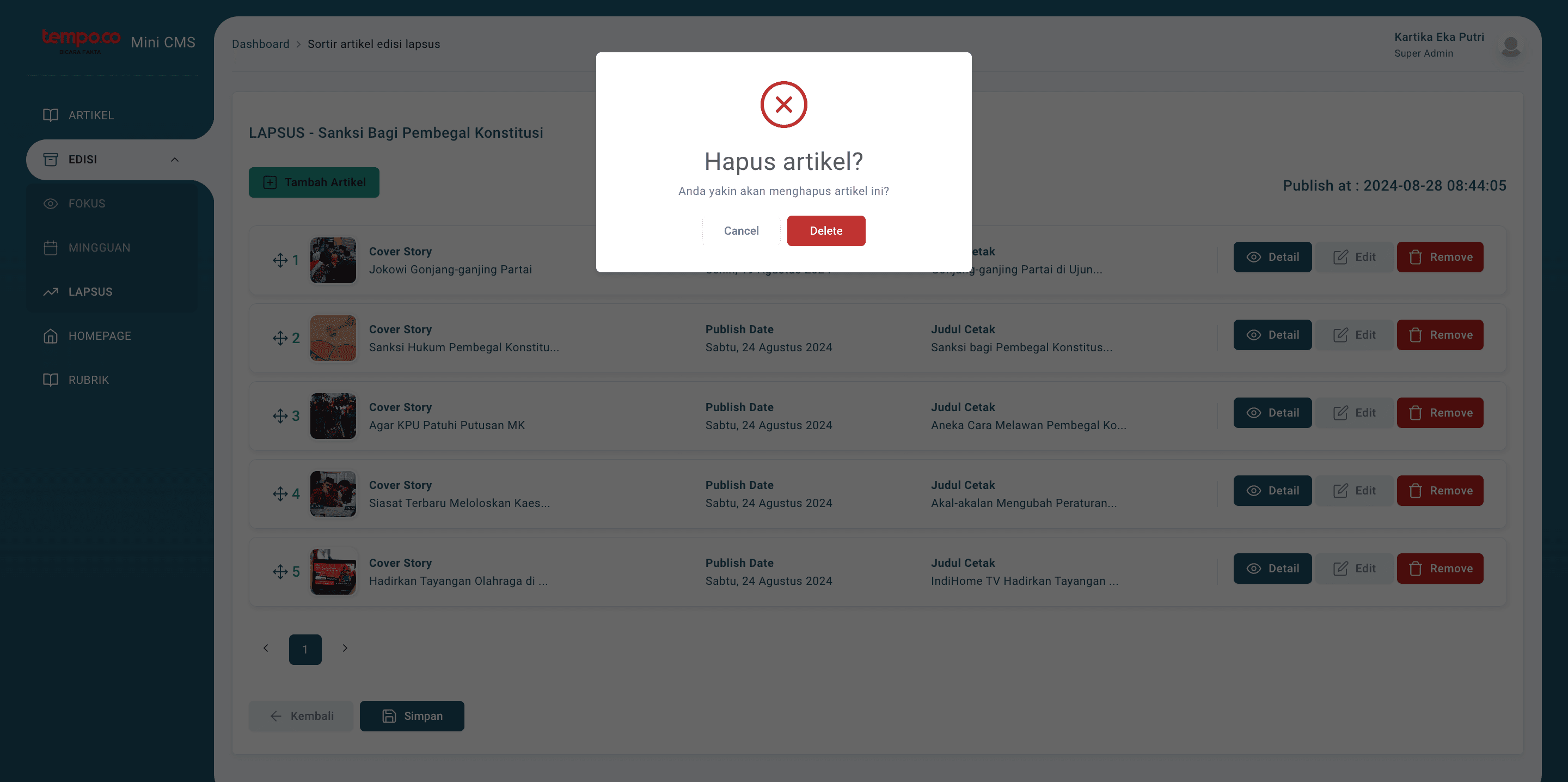 Step #16: Konfirmasi remove artikel, klik 'Delete'. Maka artikel tersebut nantinya juga tidak akan ditampilkan di Edisi Fokus Single Brand