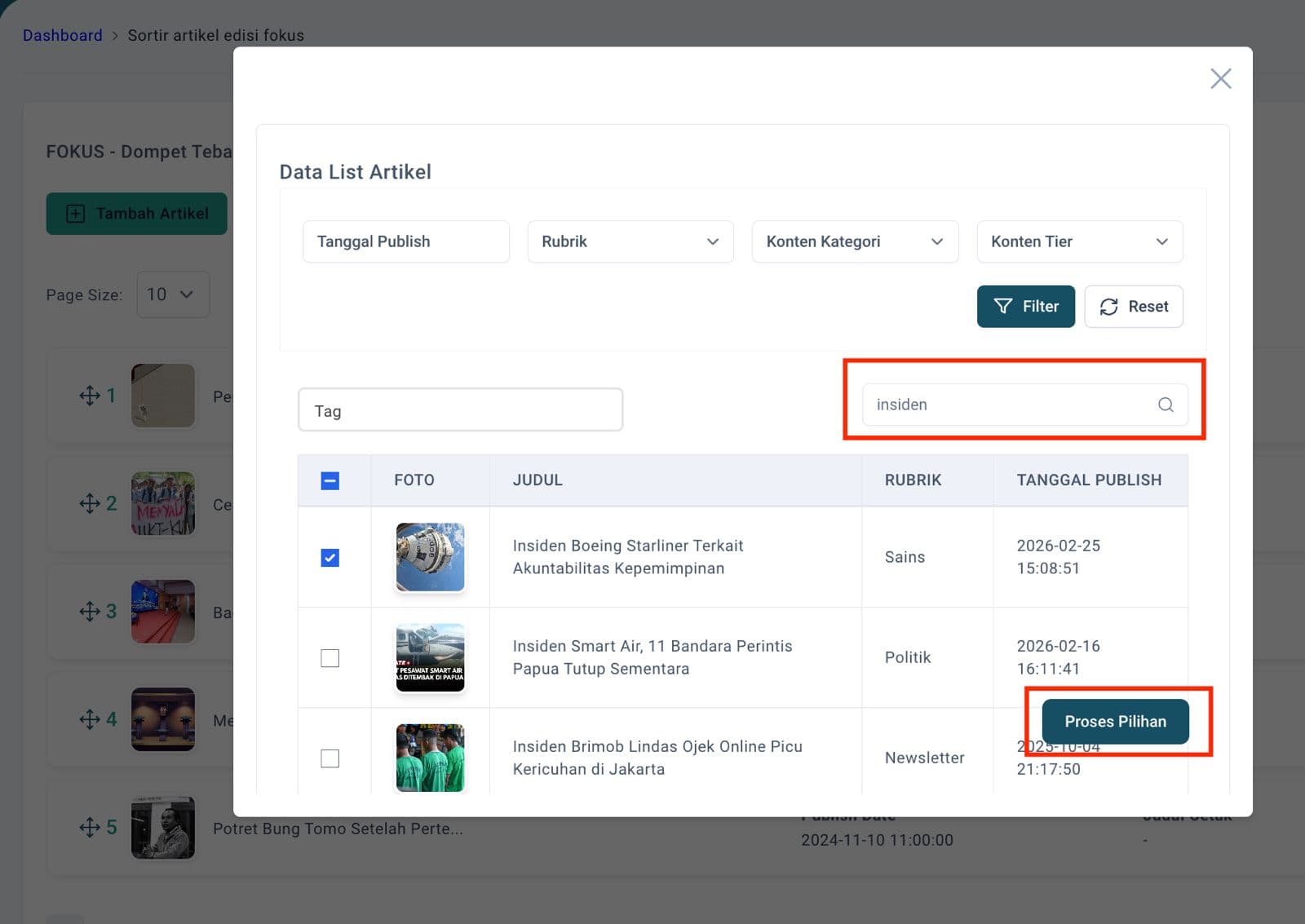 Step #11: Search artikel yang diinginkan, lalu pilih artikel tersebut dan klik 'Proses Pilihan'