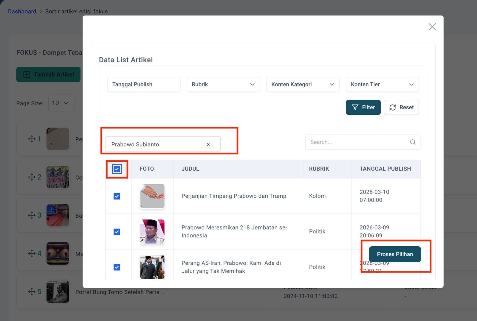 Step #12: Jika ingin memilih seluruh artikel dengan Topik/Tag yang sama, maka bisa memasukkan tag yang diinginkan melalui fitur berikut, lalu klik 'Proses Pilihan'