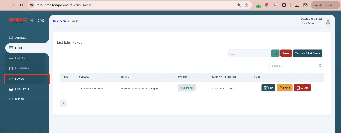 Step #1: Pergi ke Mini CMS - Single Brand, kemudian pilih menu Edisi -> Fokus