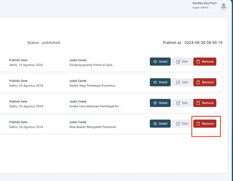 Step #15: Untuk remove suatu artikel dari Edisi Fokus, dapat klik di sini