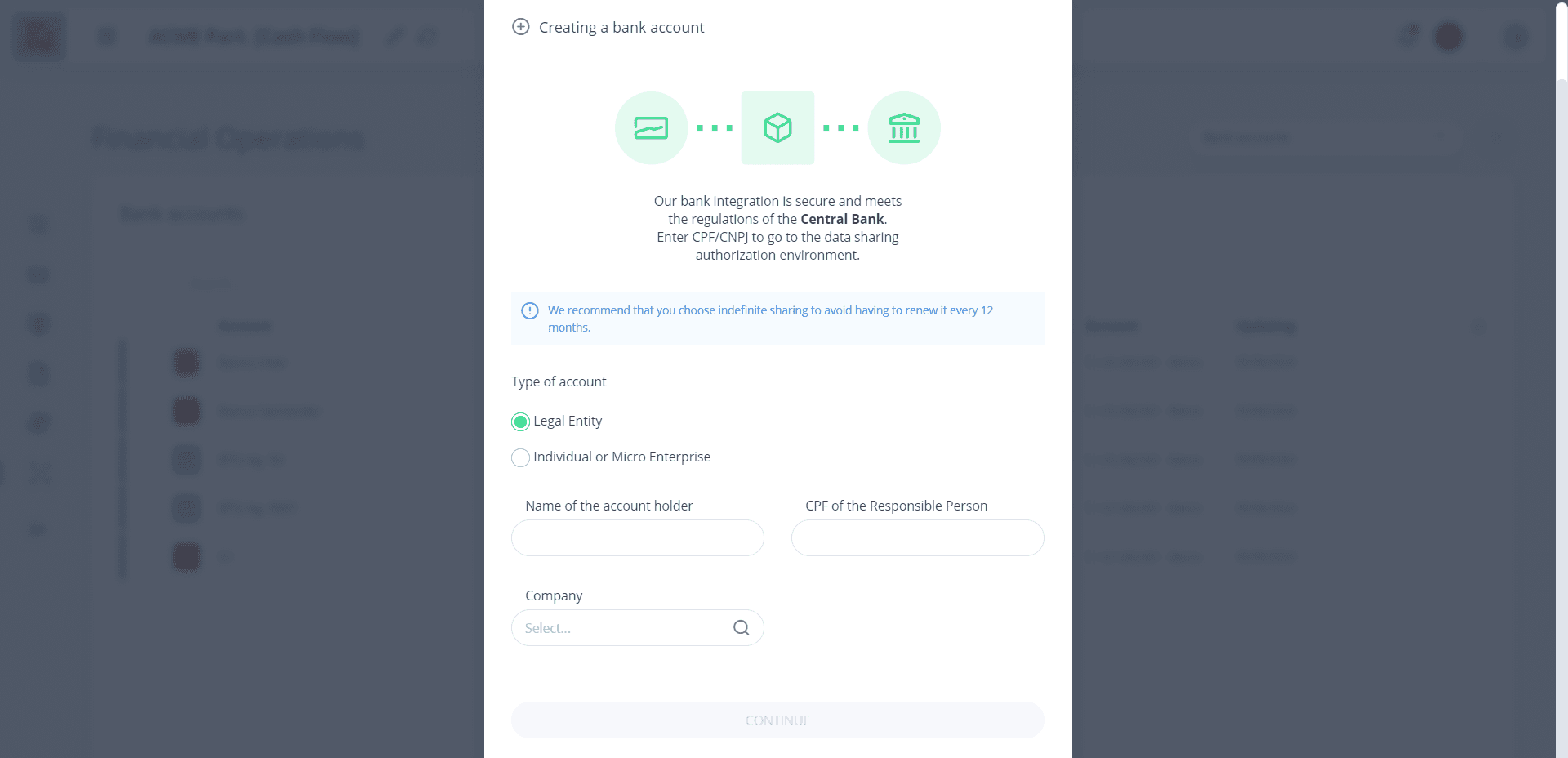 Step #8: Modal de cadastro de conta via integração bancária automática