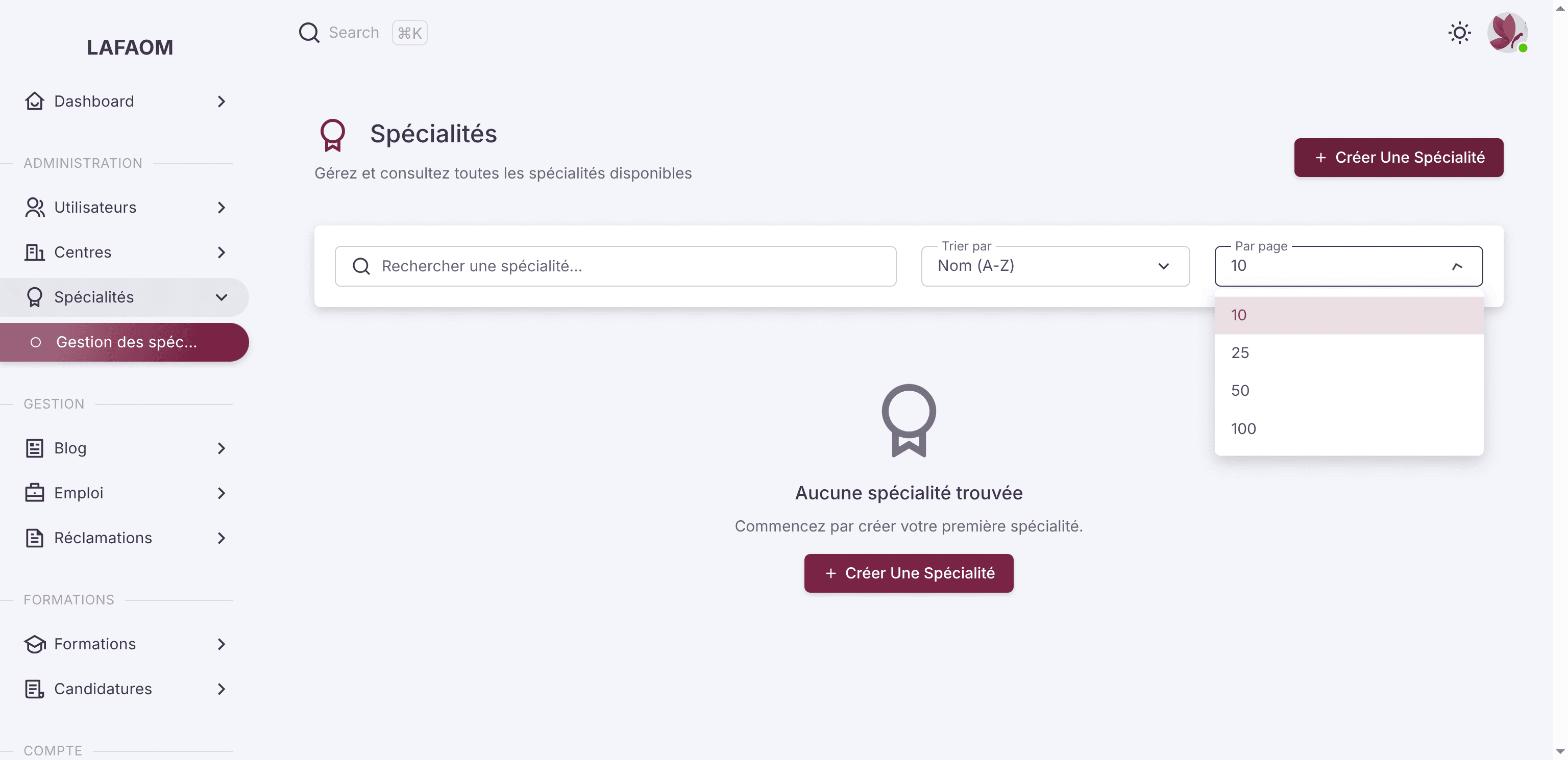 Step #41: Cliquez sur "+ Créer Une Spécialité"