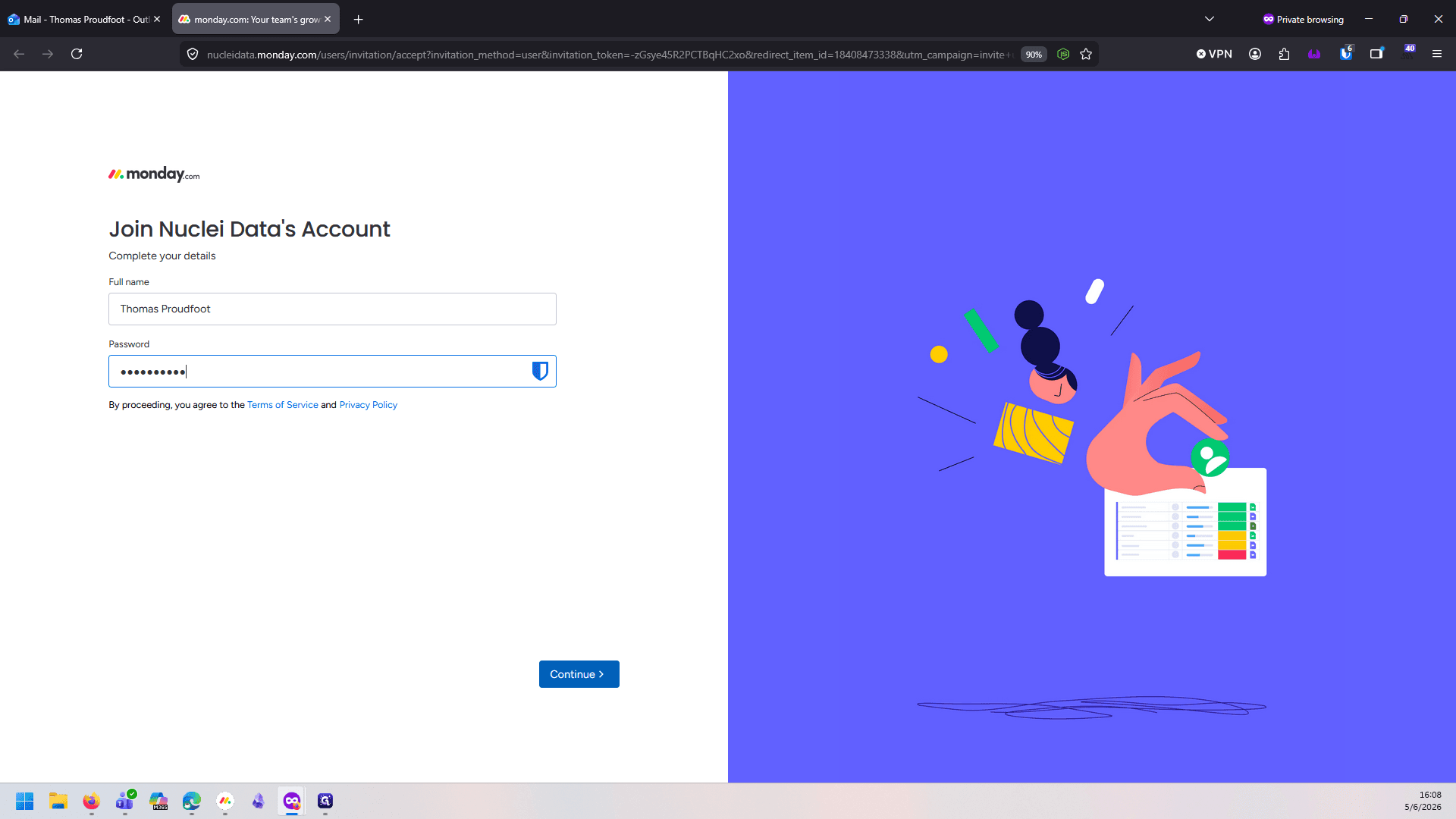 Step #2: Enter your full name and a secure password, then click Continue.