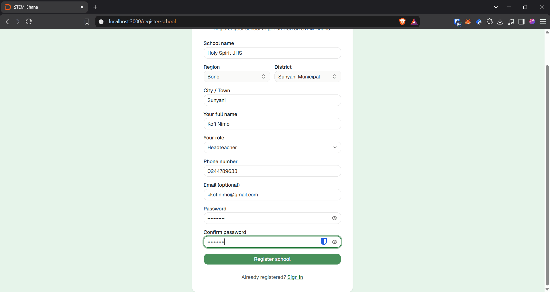 Step #14: Click Register school to complete registration.