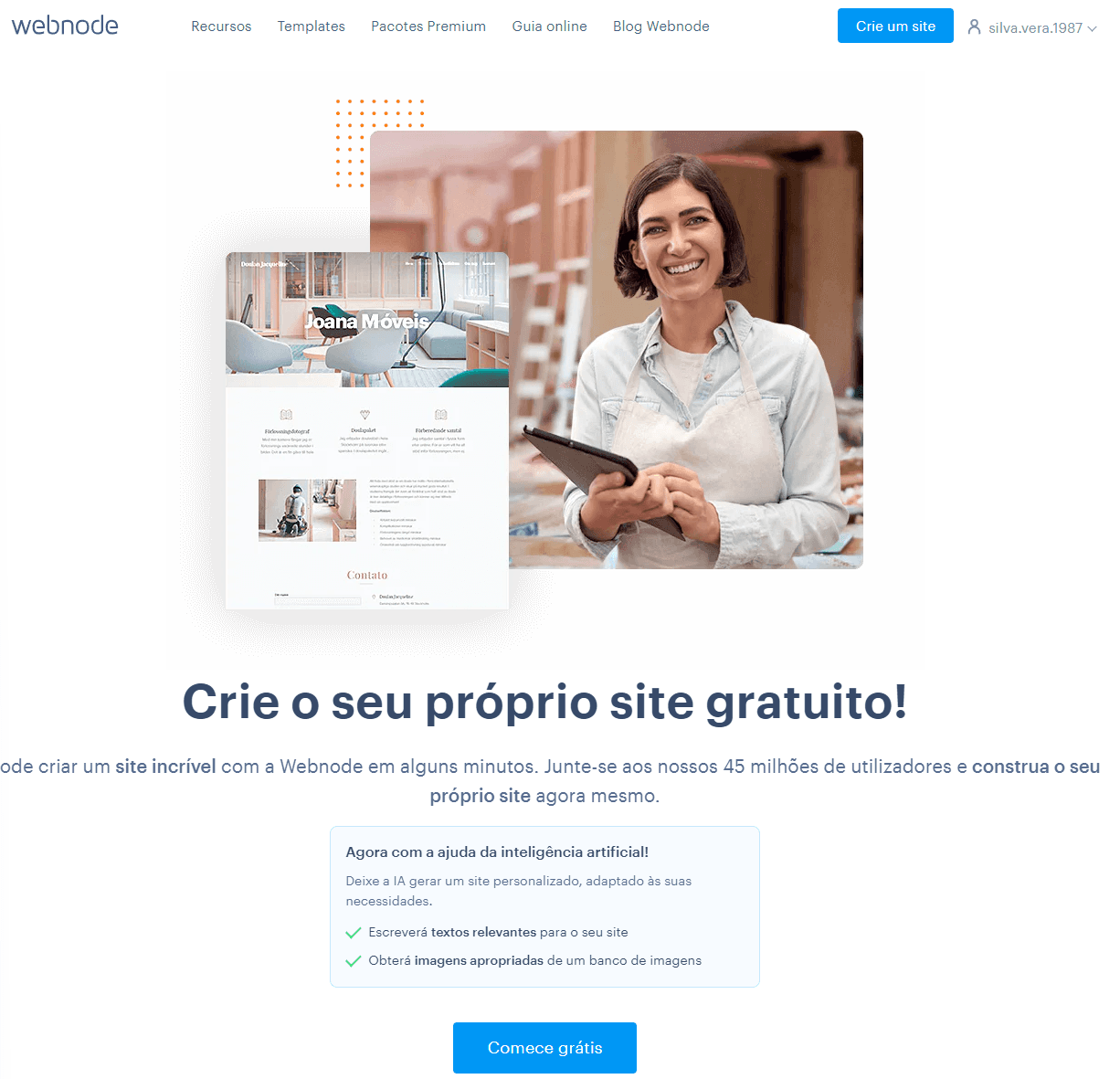 Step #1: 1. Aceda a https://www.webnode.com/pt/, crie conta e posteriormente clique em "crie um site"