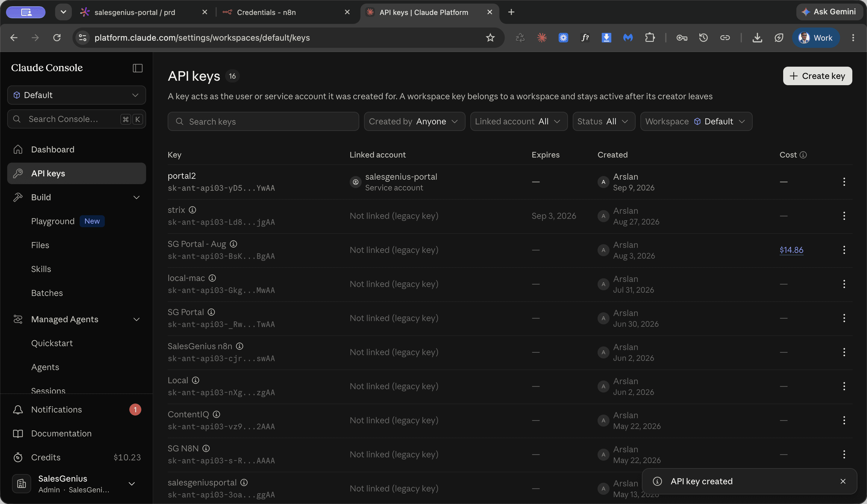 Step #1: Click + Create key.