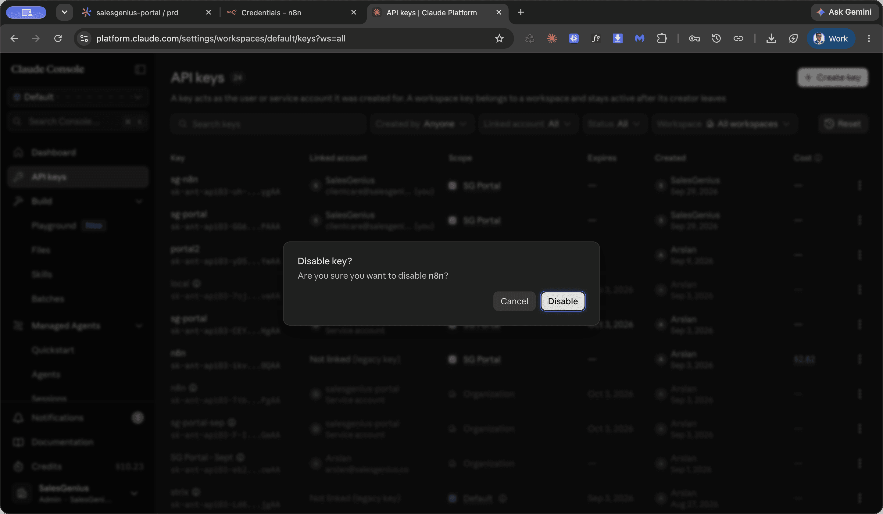 Step #5: Click Disable to confirm revoking the key.
