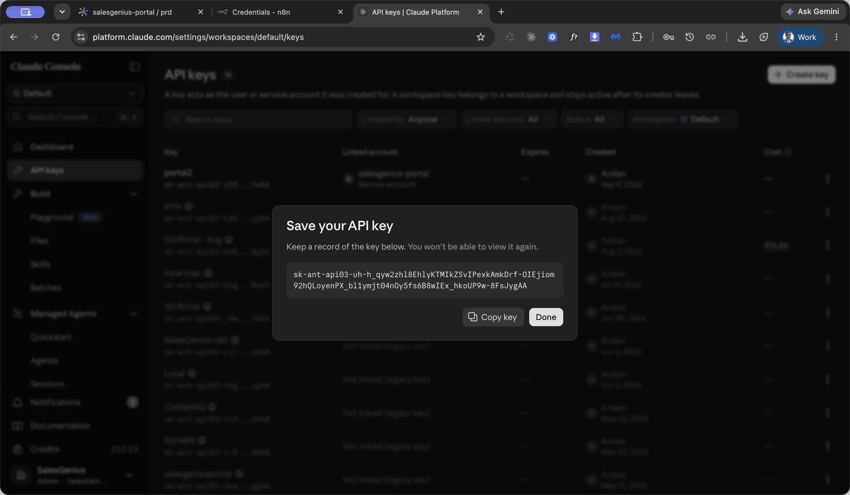 Step #2: Click Done to close the key generation modal.