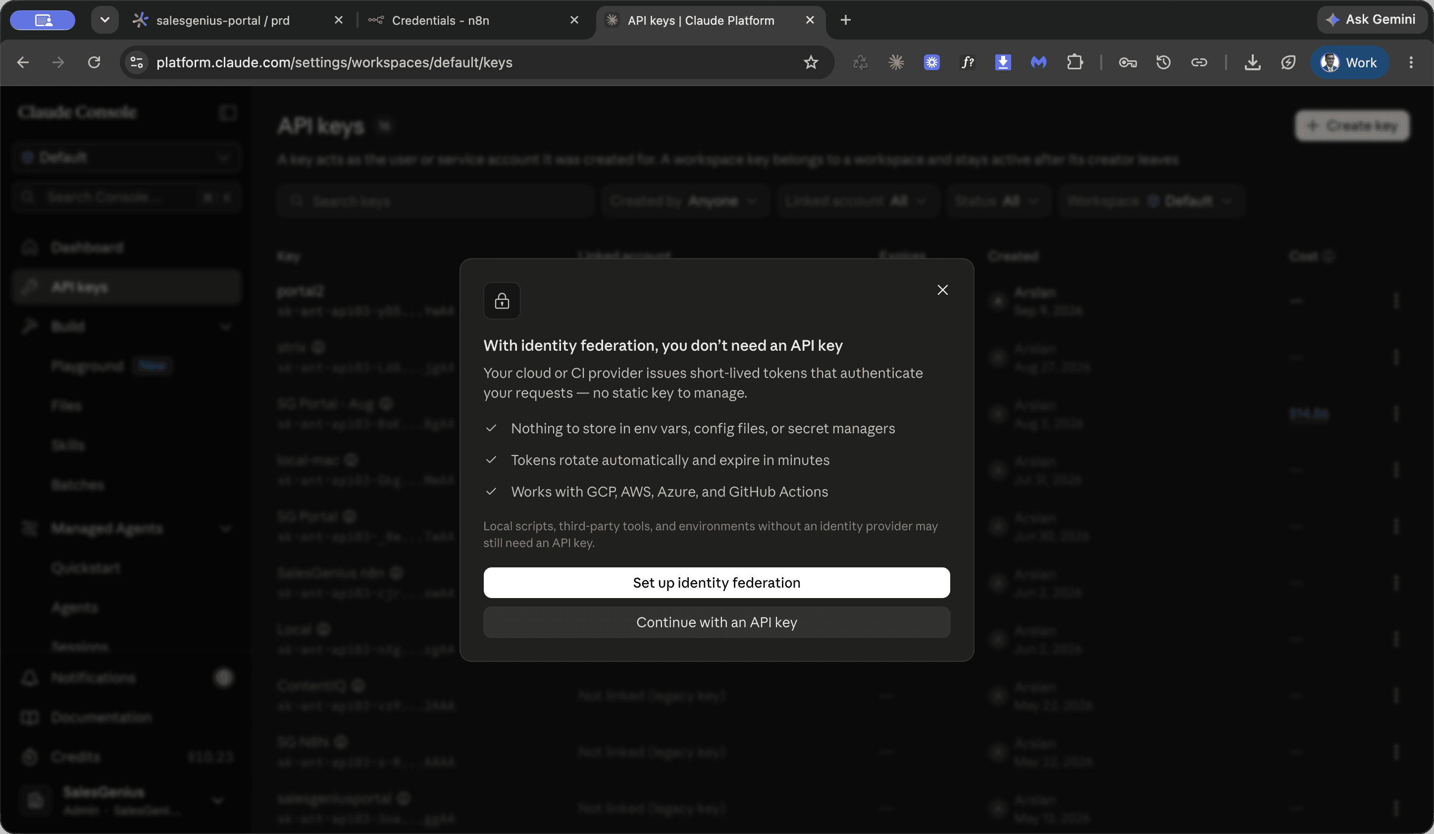 Step #3: Click Continue with an API key and enter SG Portal as the name.