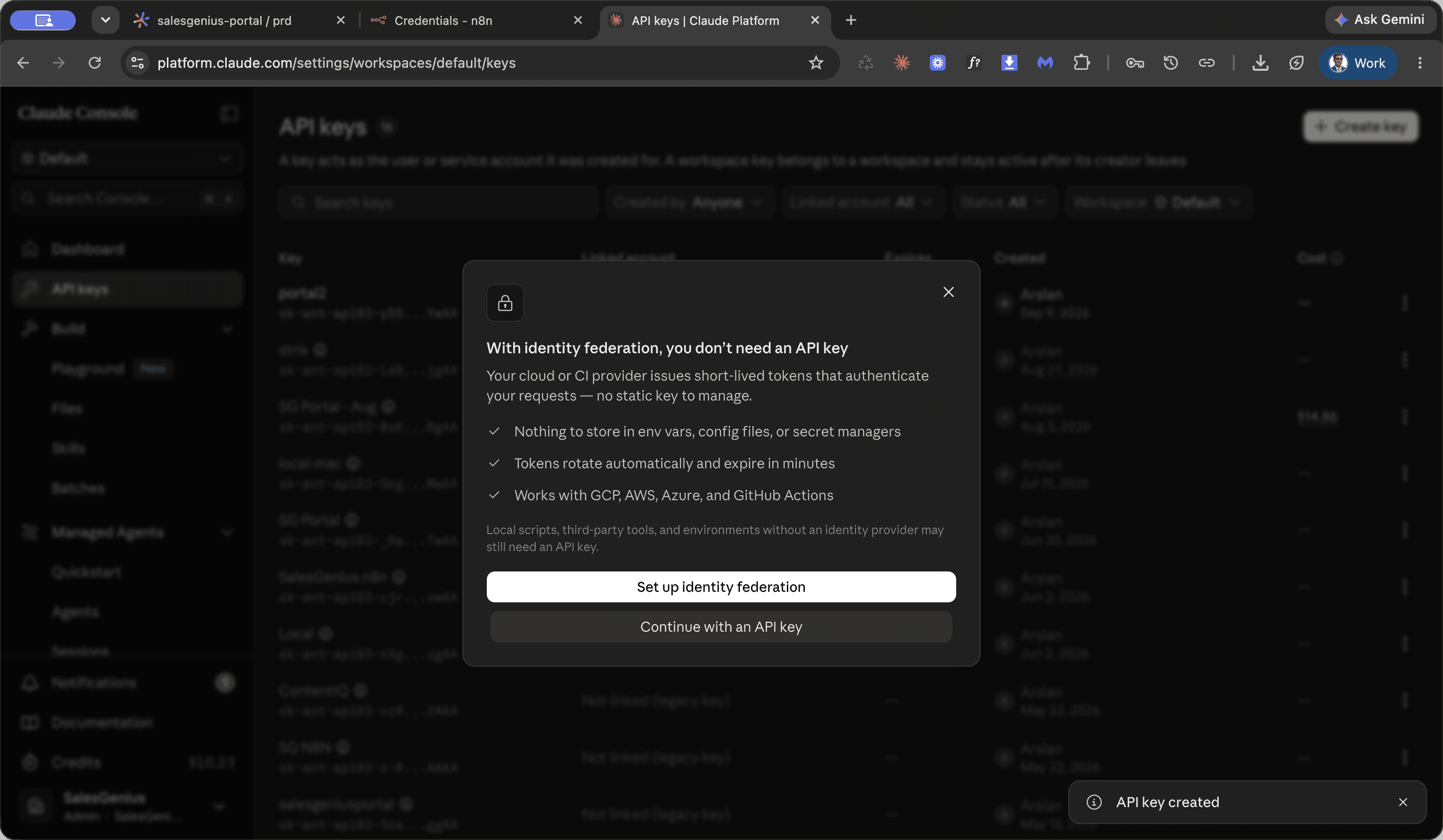Step #2: Click Continue with an API key.