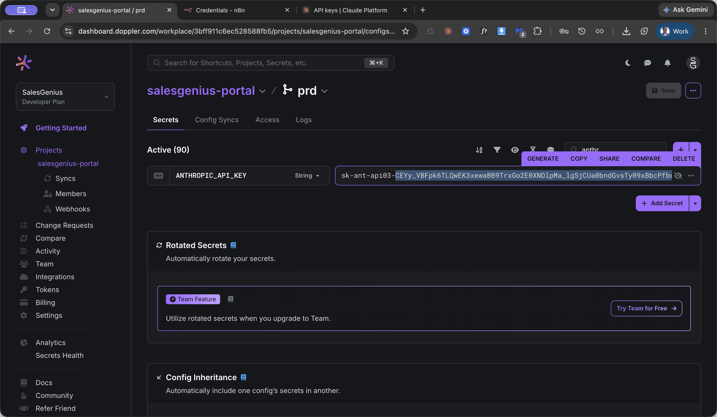 Step #5: Select the existing secret value, replace it by pasting the new API key, and click Save.