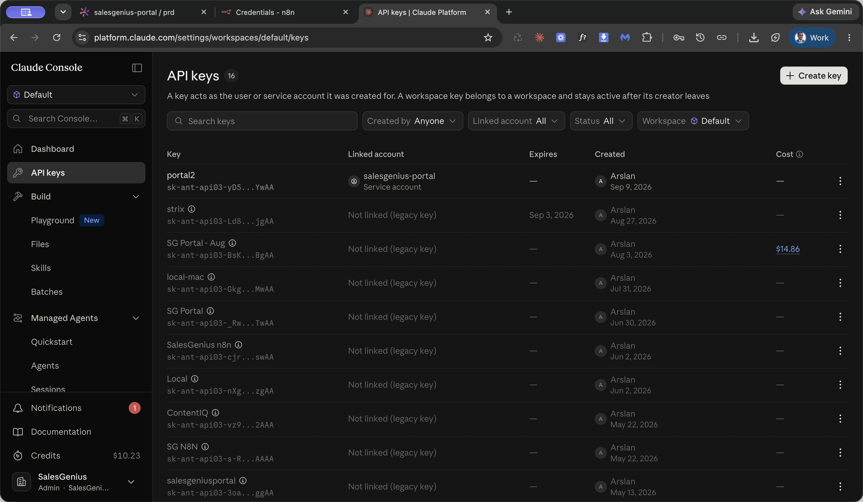 Step #2: Click + Create key.