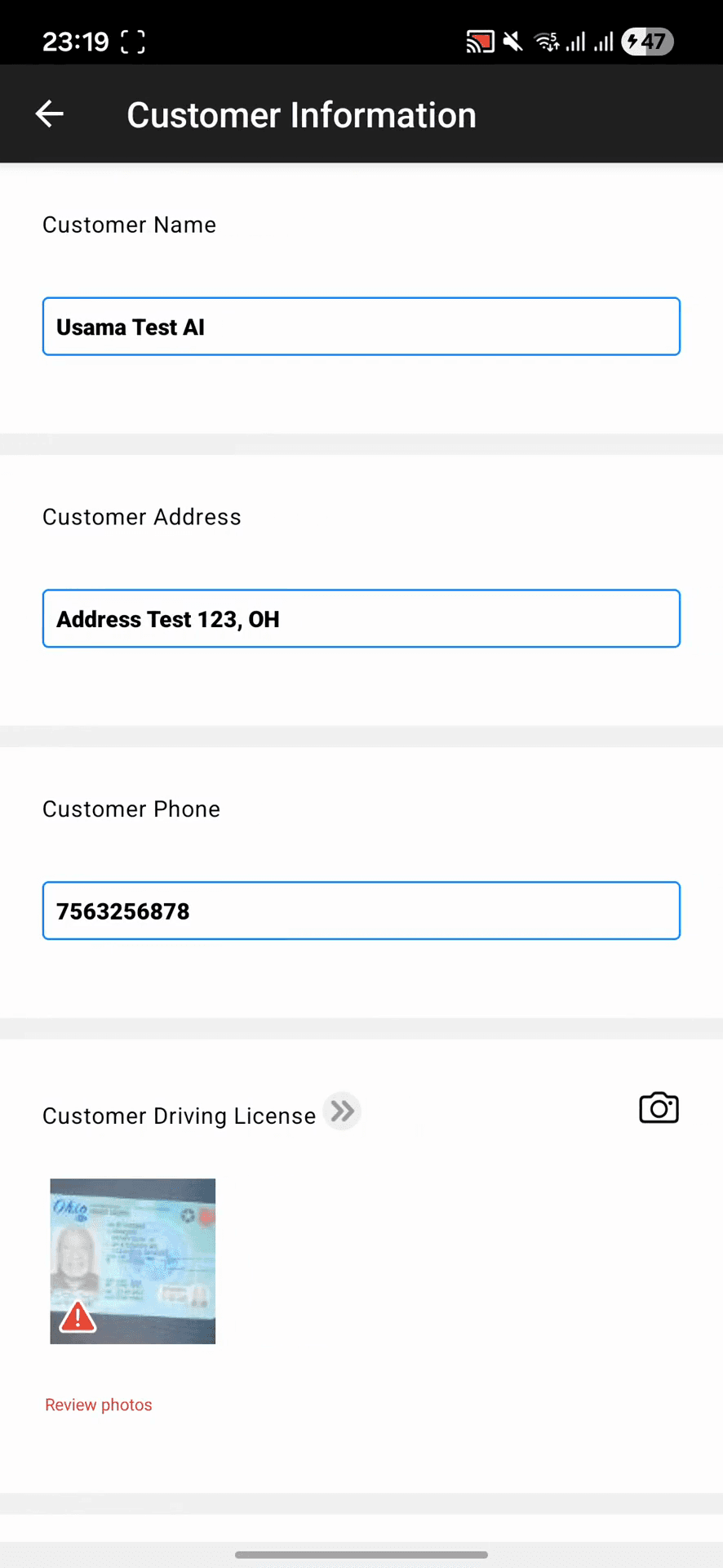 Step #15: Tap the thumbnail under "Customer Driving License" to inspect the specific warning.