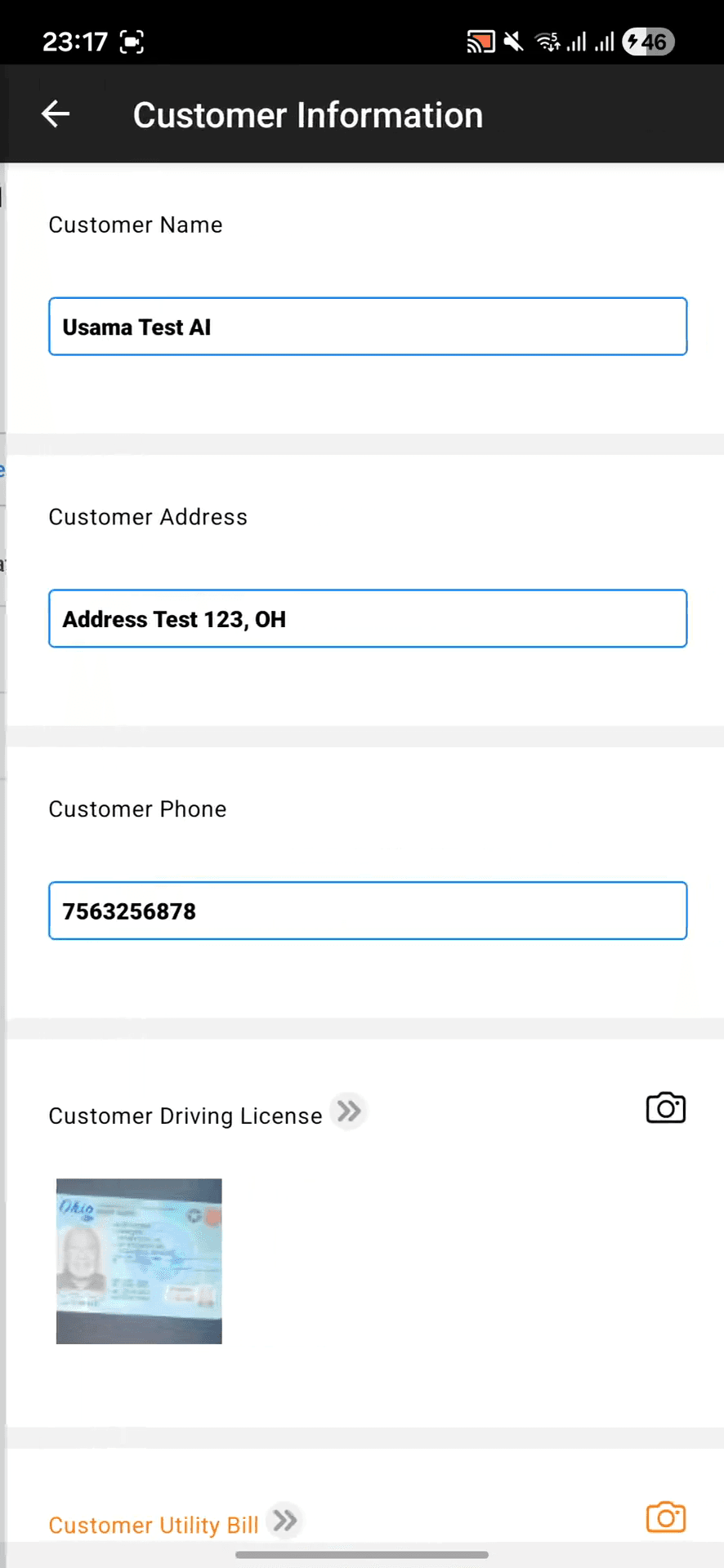 Step #7: Tap the camera icon next to the each field for example "Customer Driving License" field to open the camera.