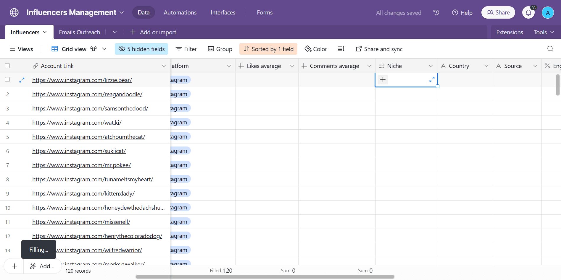 Step #19: Niche, for example, we can do also as a batch update.In hypeauditor, this is easier, as we have the exact niche.Here, this is worth to click on each link to fully understand what kind of niche that is, with more work than just leaving the broader niche of general animal lovers.